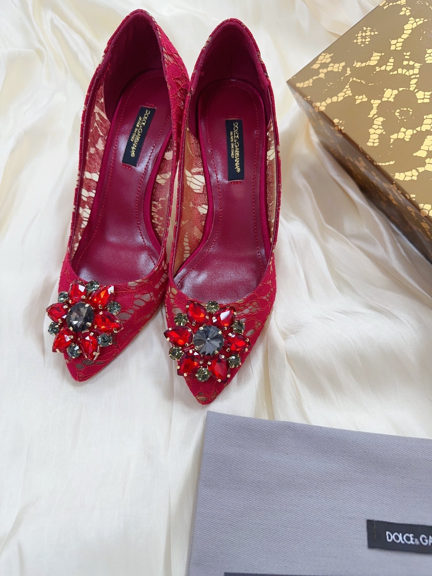 DC Floral Crystal Pumps Red Genuine Leather & Lace 324771