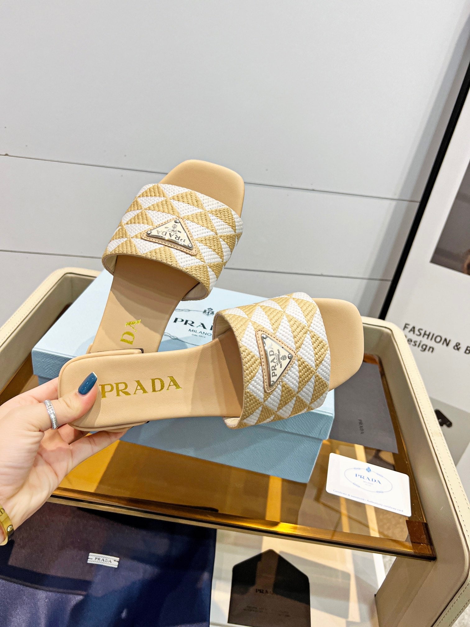 Prada 26s Enameled Metal Triangle Printed Slides White Beige Leather Cotton 986590