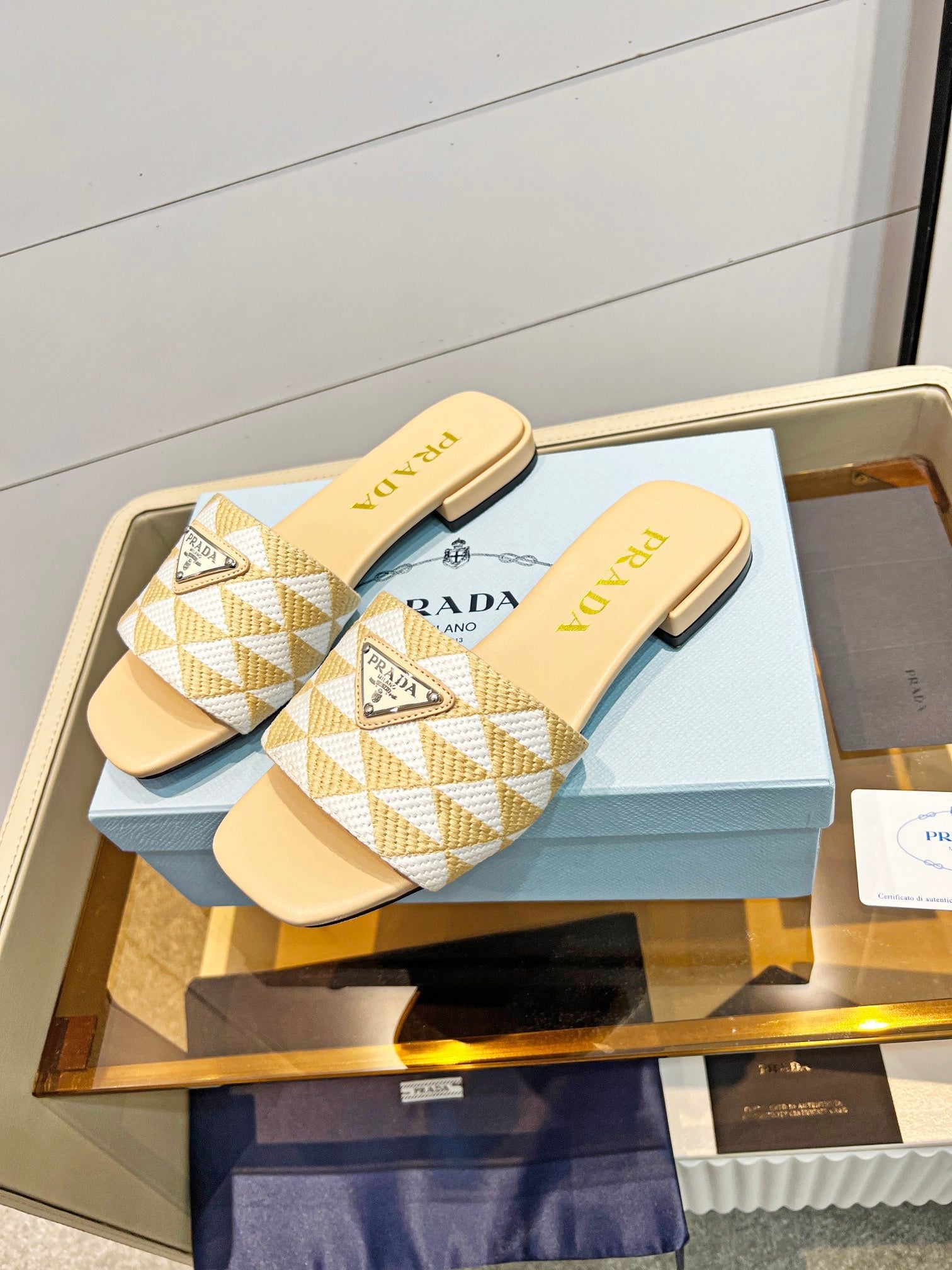 Prada 26s Enameled Metal Triangle Printed Slides White Beige Leather Cotton 986590