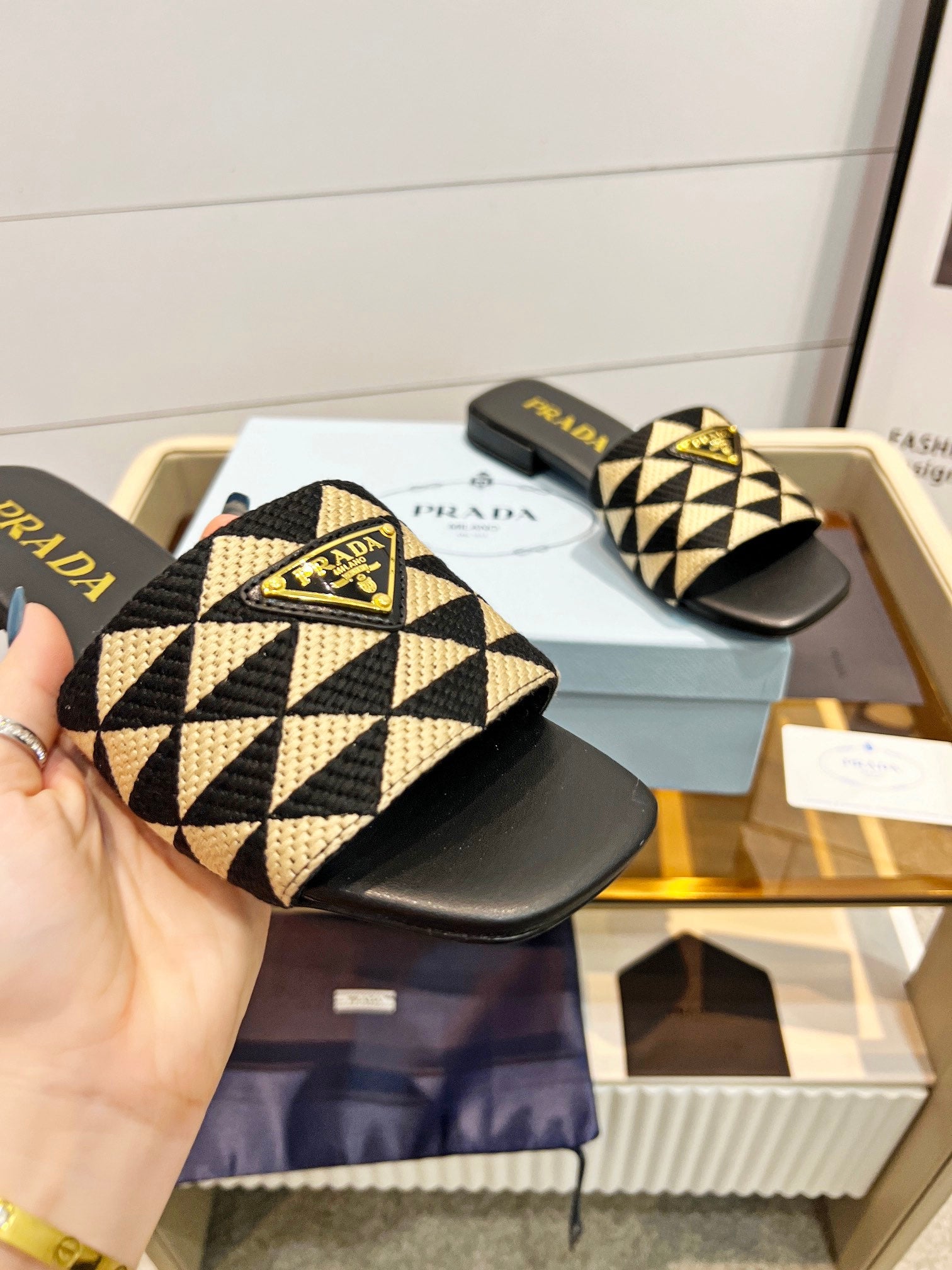 Prada 26s Enameled Metal Triangle Printed Slides Black Beige Leather Cotton 986592