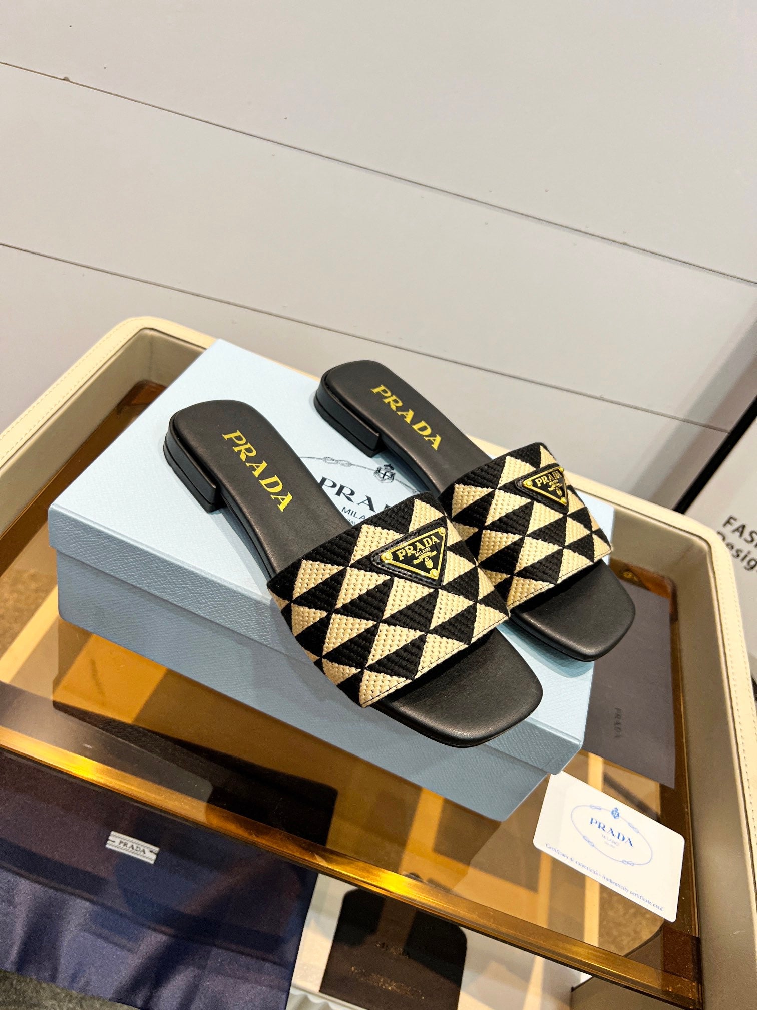 Prada 26s Enameled Metal Triangle Printed Slides Black Beige Leather Cotton 986592