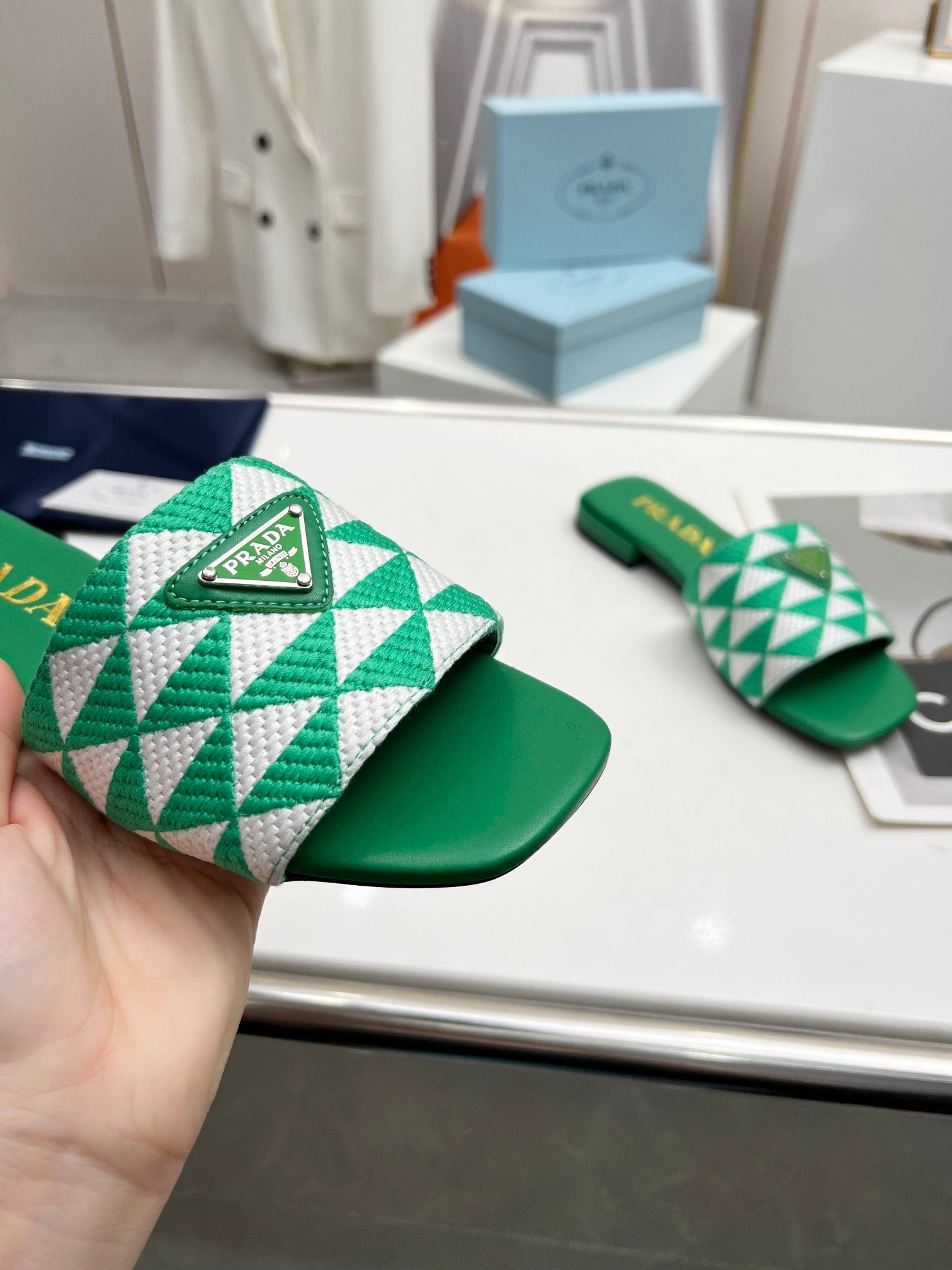 Prada 26s Enameled Metal Triangle Printed Slides Green Leather Cotton 986592
