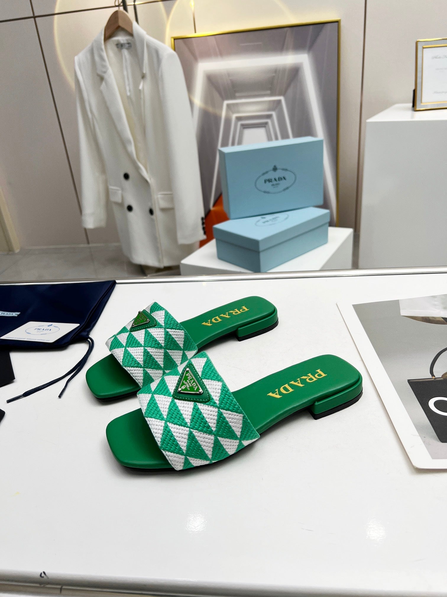 Prada 26s Enameled Metal Triangle Printed Slides Green Leather Cotton 986592