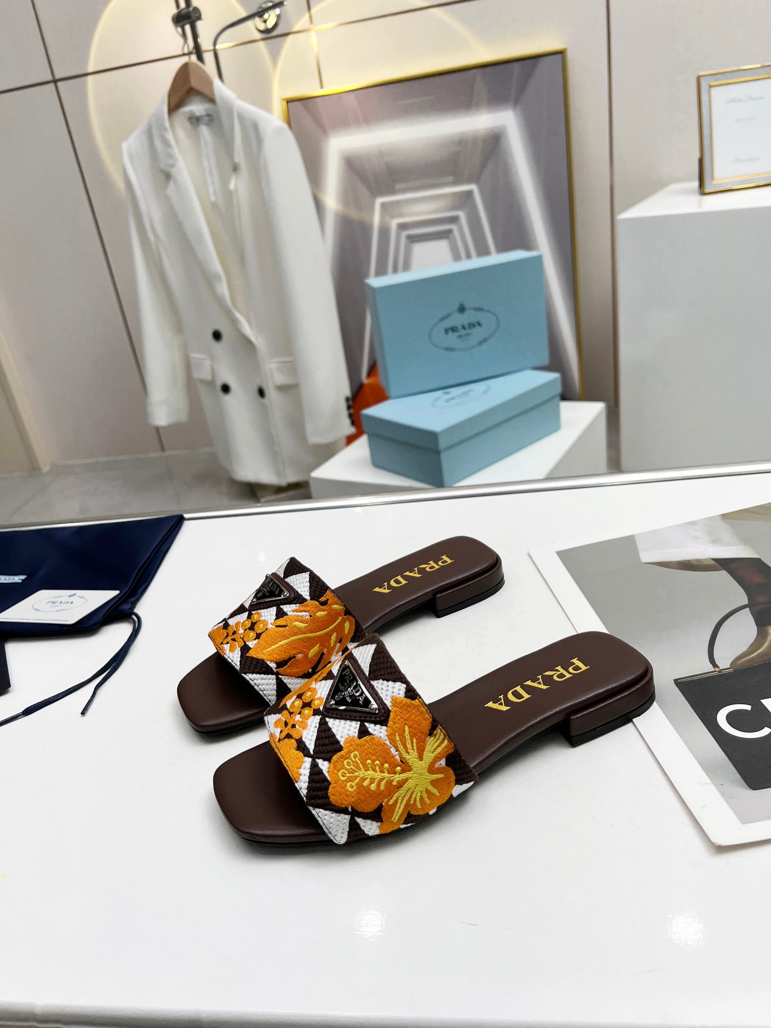Prada 26s Floral Print Slides Brown Leather Cotton 986596