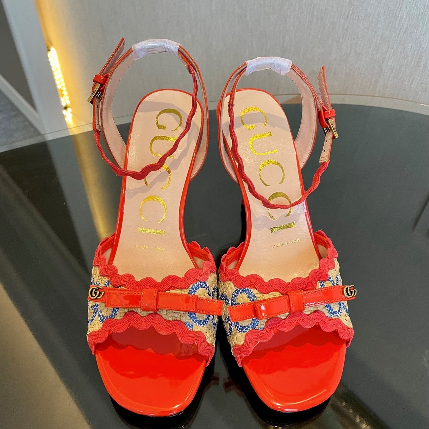 GG Kertu Heel Sandals 8cm Beige Red Blue Raffia Leather 695681