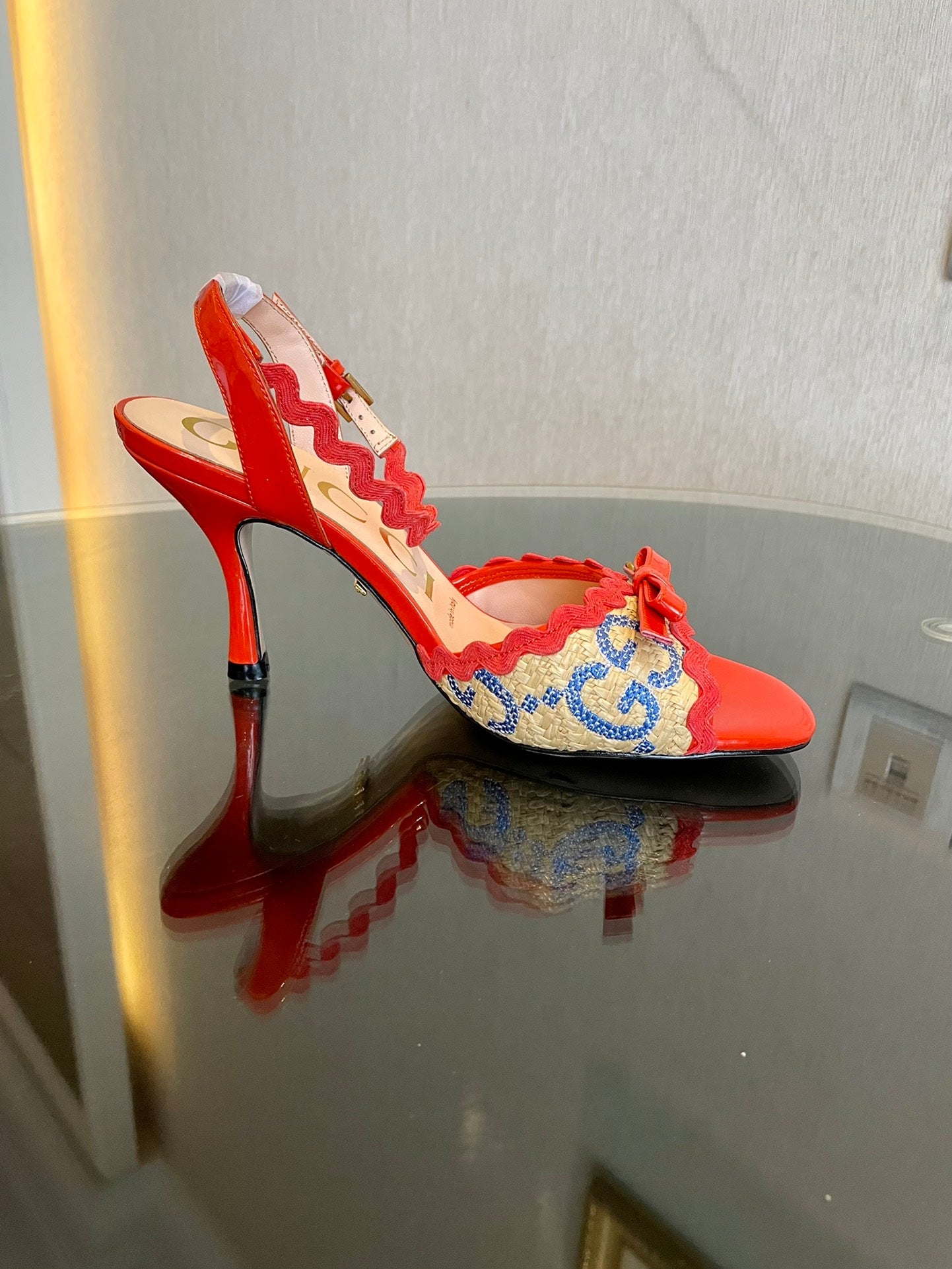 GG Kertu Heel Sandals 8cm Beige Red Blue Raffia Leather 695681