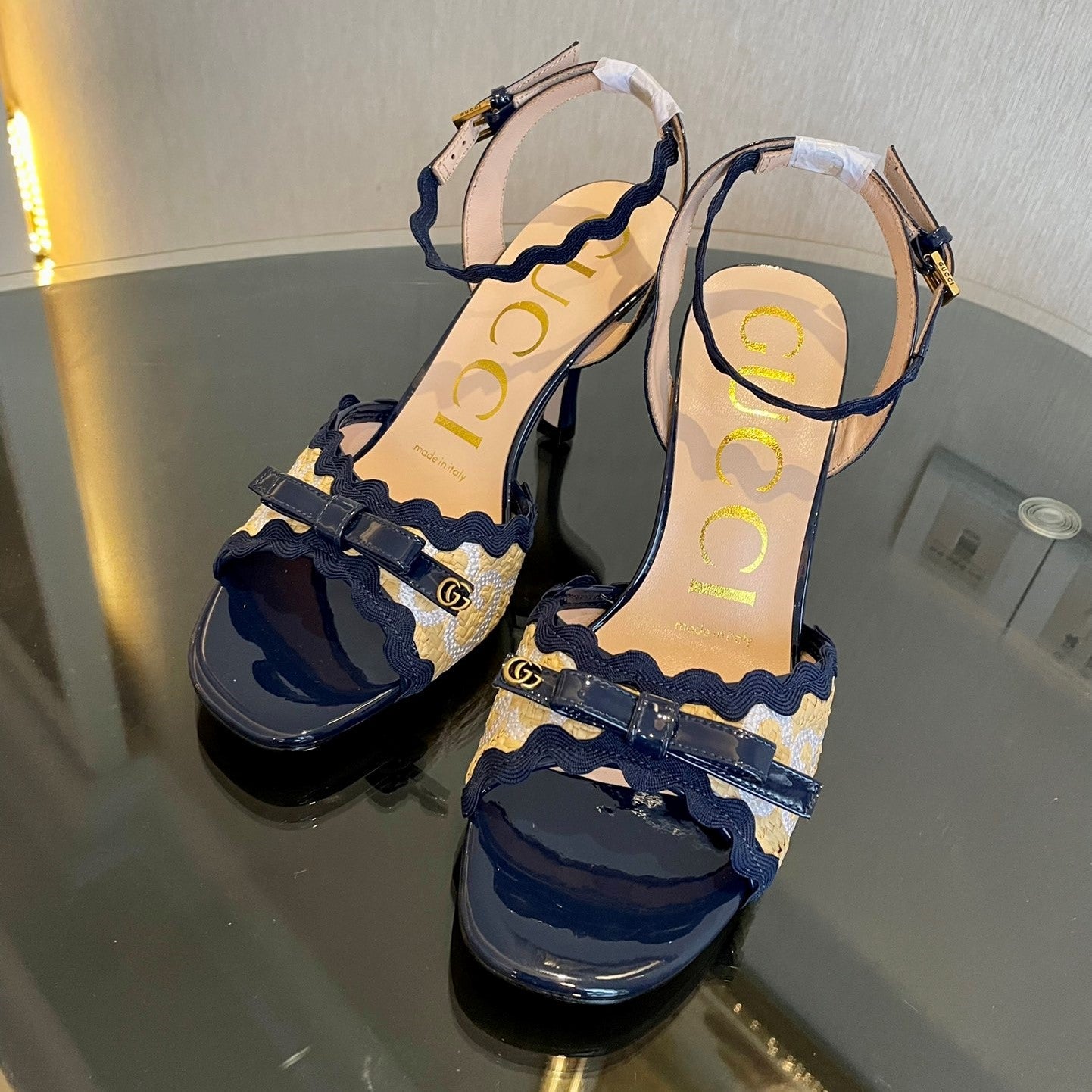 GG Kertu Heel Sandals 8cm Beige Blue Raffia Leather 695683