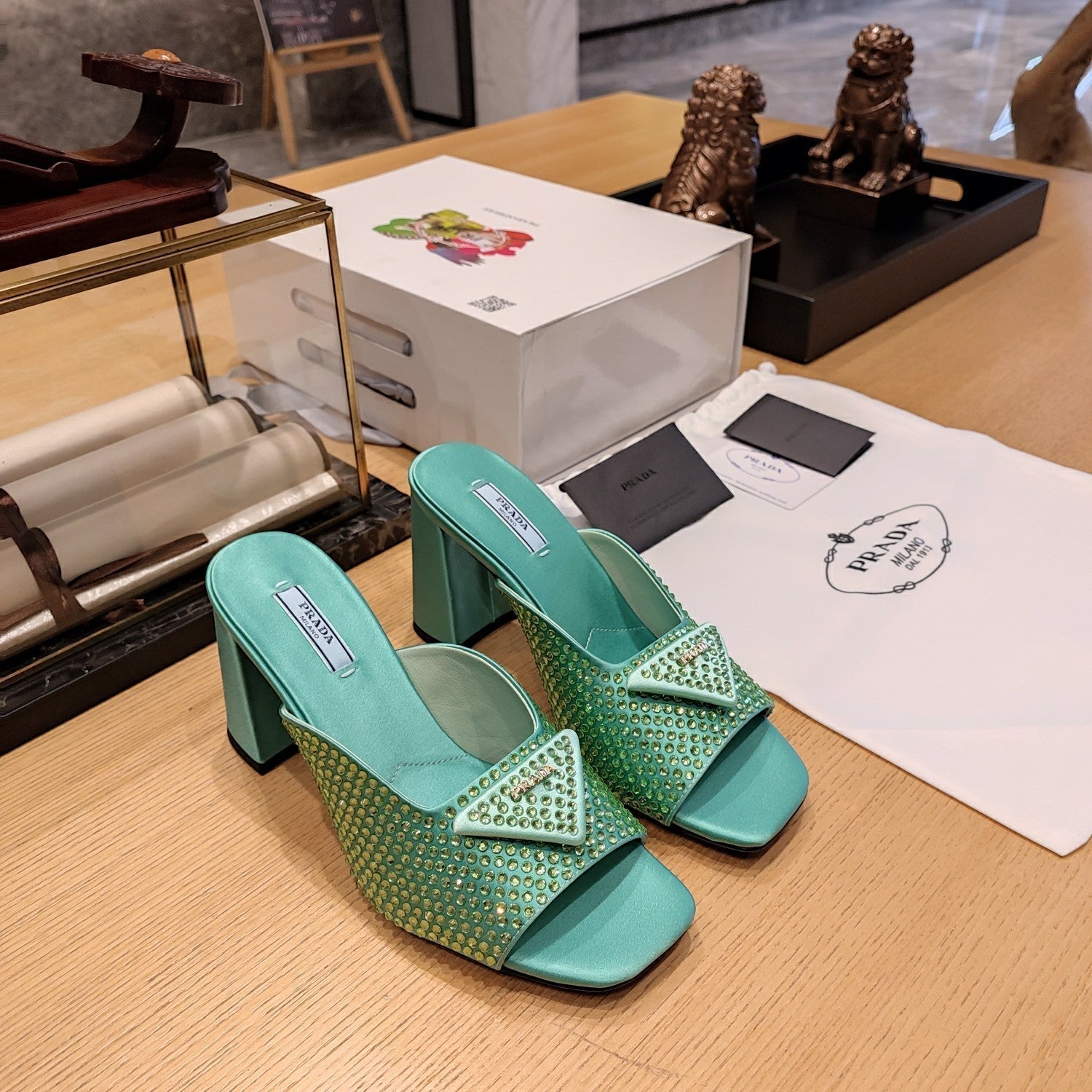 Prada 26S Open-Toe Crystal-Embellished Mules 100mm in Dark Green Satin
