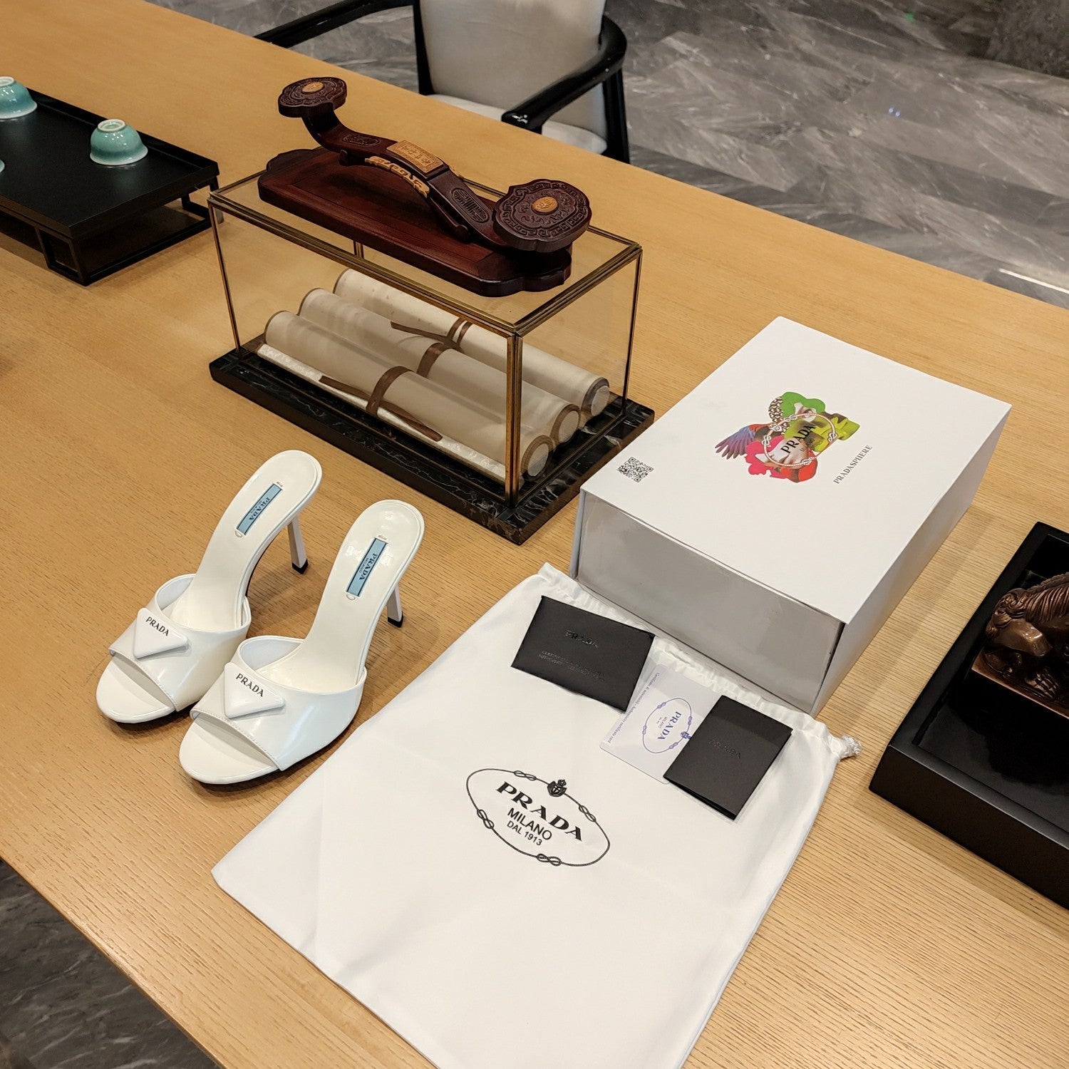 Prada 26s Open Toe Mules 100mm In Ivory White Patent Calfskin With Logo