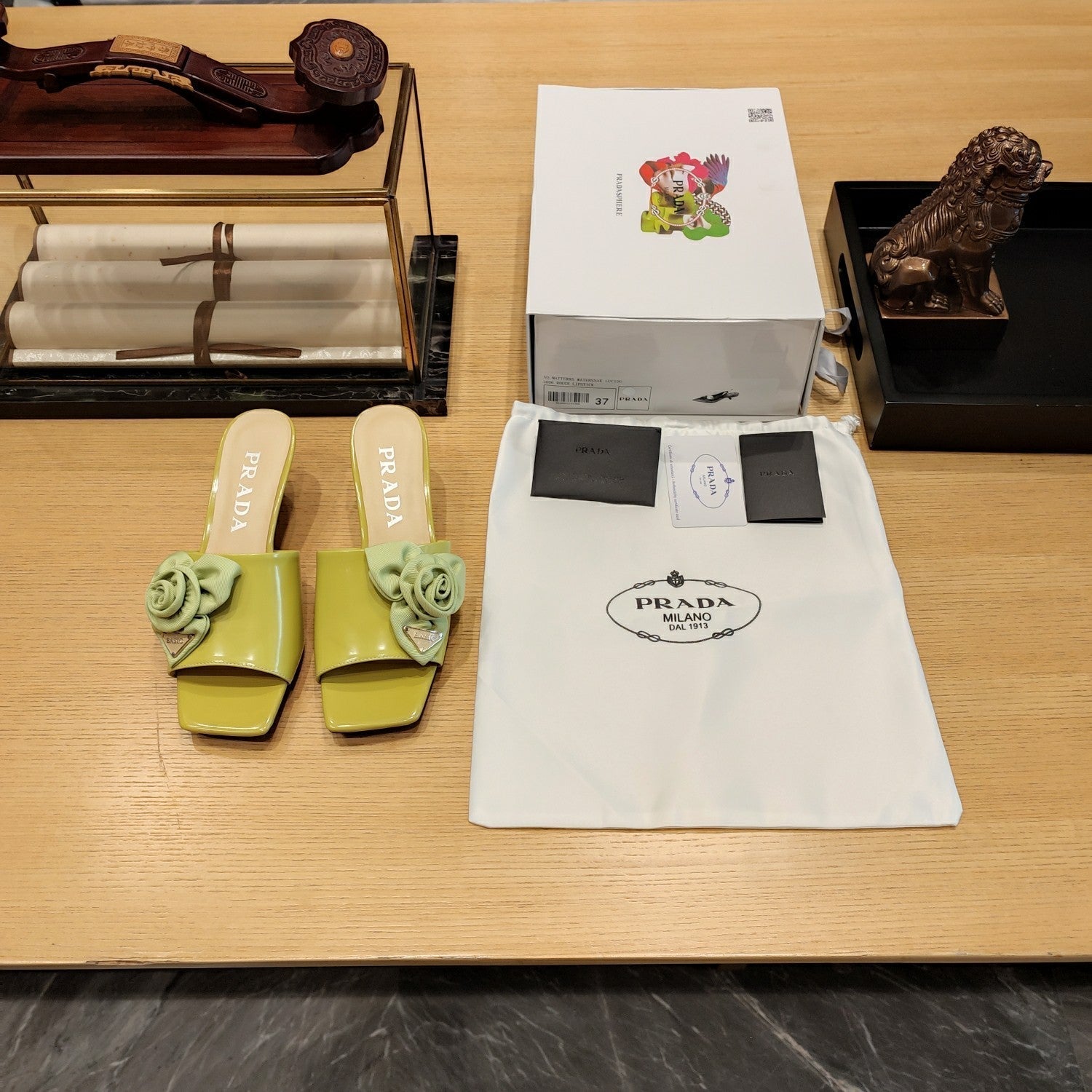 Prada 26s Open Toe Mules 45mm In Lime Yellow Patent Calfskin With Rosette