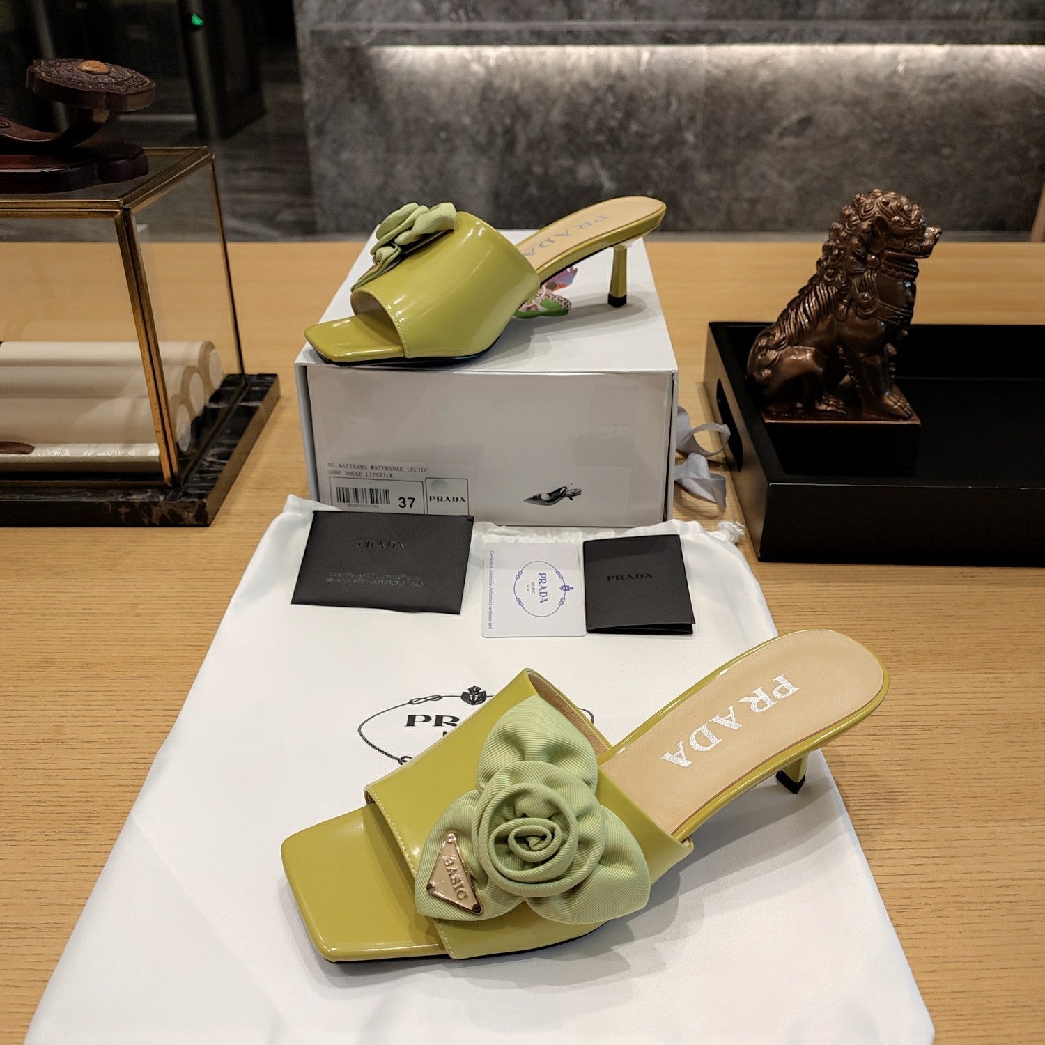 Prada 26s Open Toe Mules 45mm In Lime Yellow Patent Calfskin With Rosette