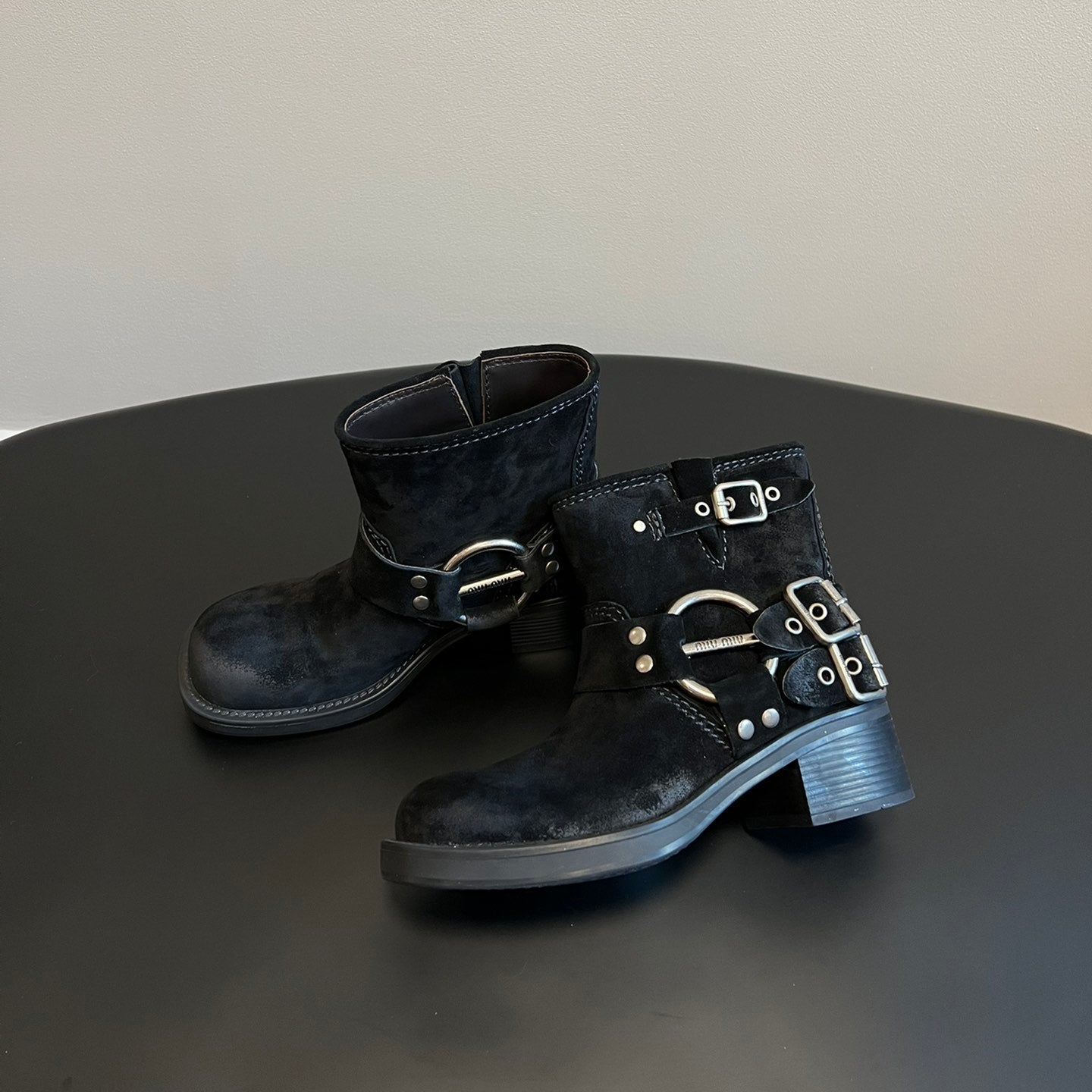 Miu 26s Ankle Boots In Black Suede Silver Hardware