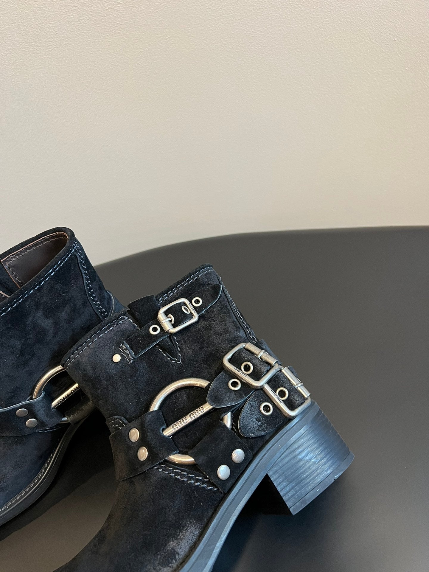 Miu 26s Ankle Boots In Black Suede Silver Hardware