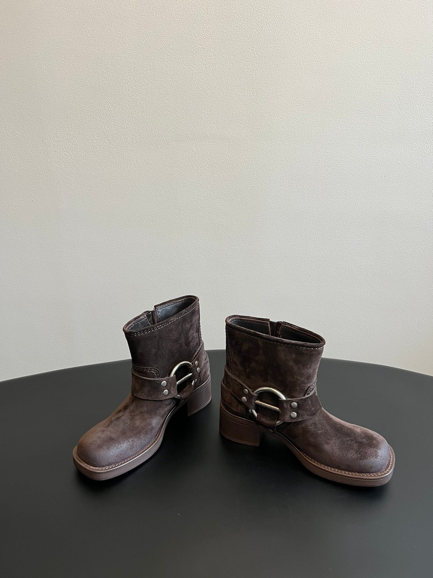 Miu 26s Ankle Boots In Dark Brown Suede Silver Hardware