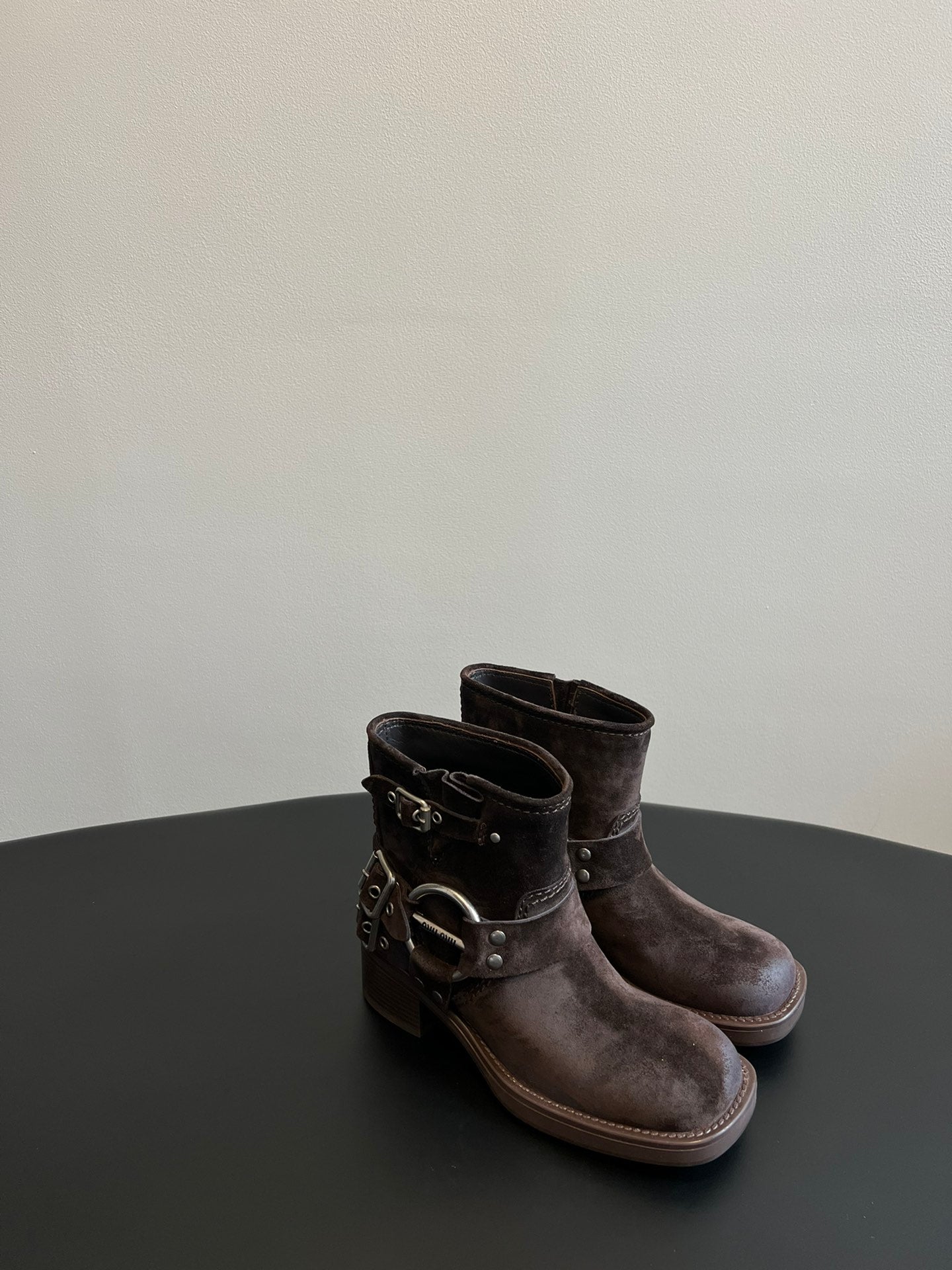Miu 26s Ankle Boots In Dark Brown Suede Silver Hardware