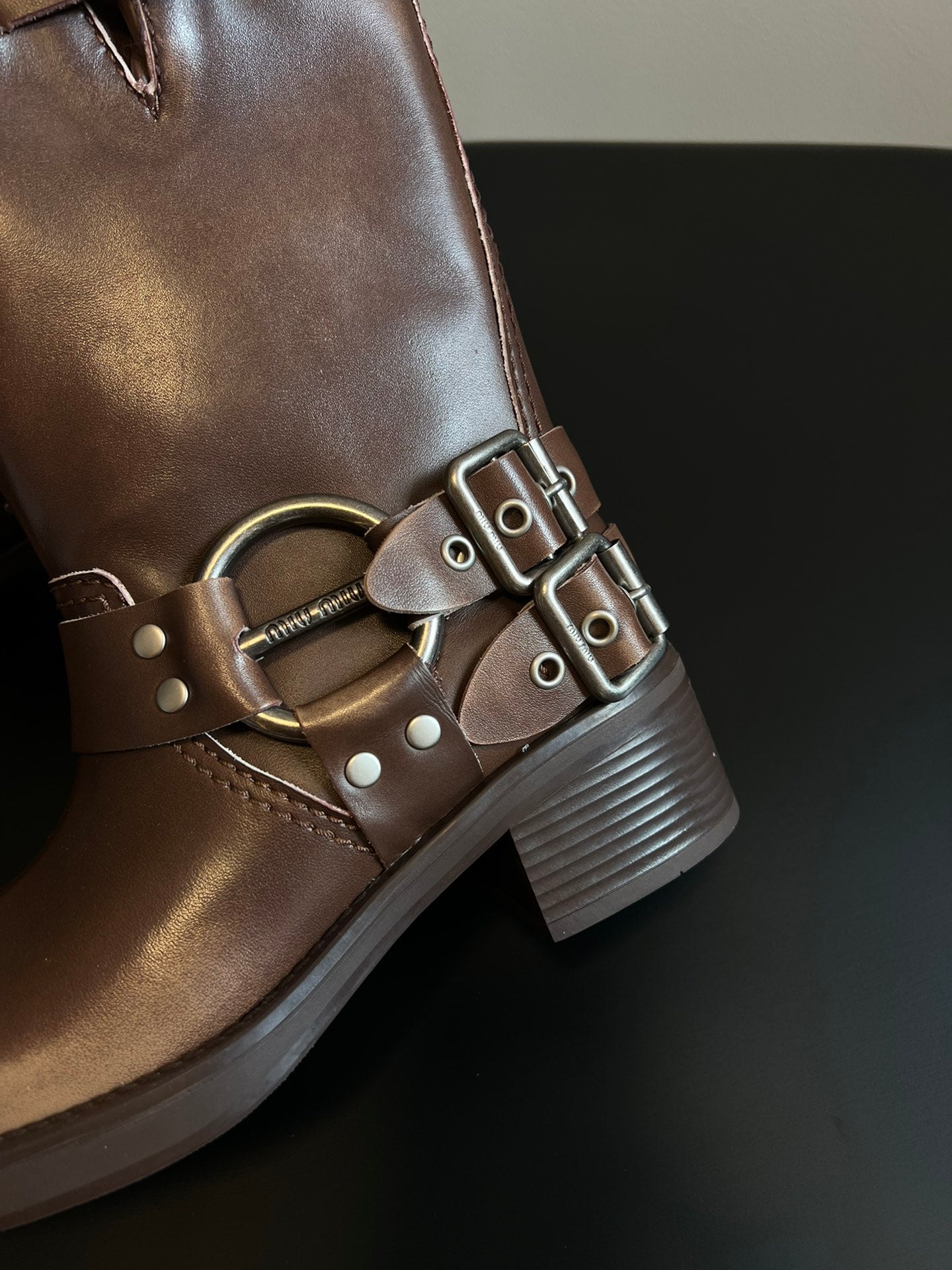 Miu 26s Mid-Calf Boots In Brown Calfskin Silver Hardware