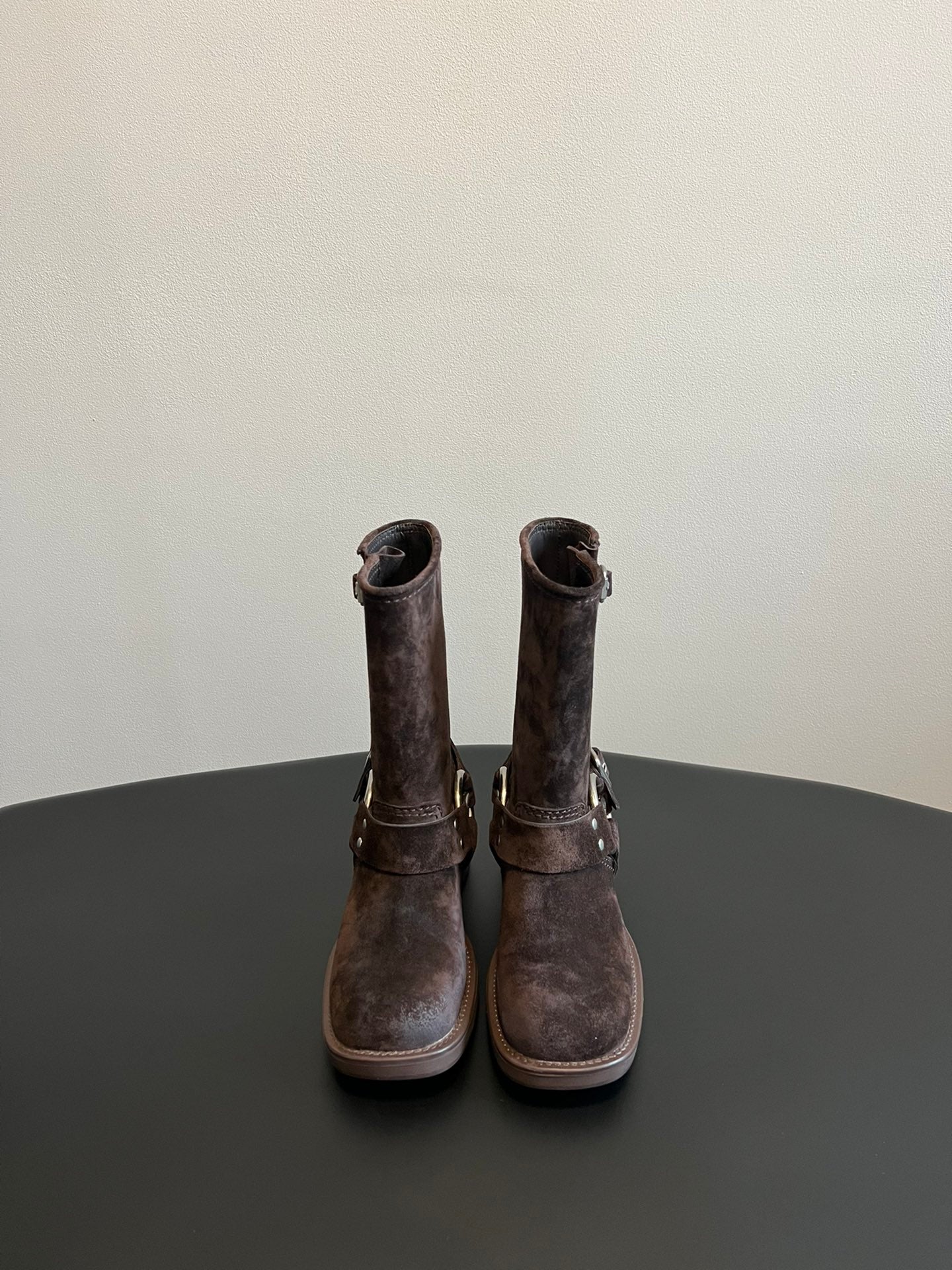 Miu 26s Mid-Calf Boots In Dark Brown Suede Silver Hardware