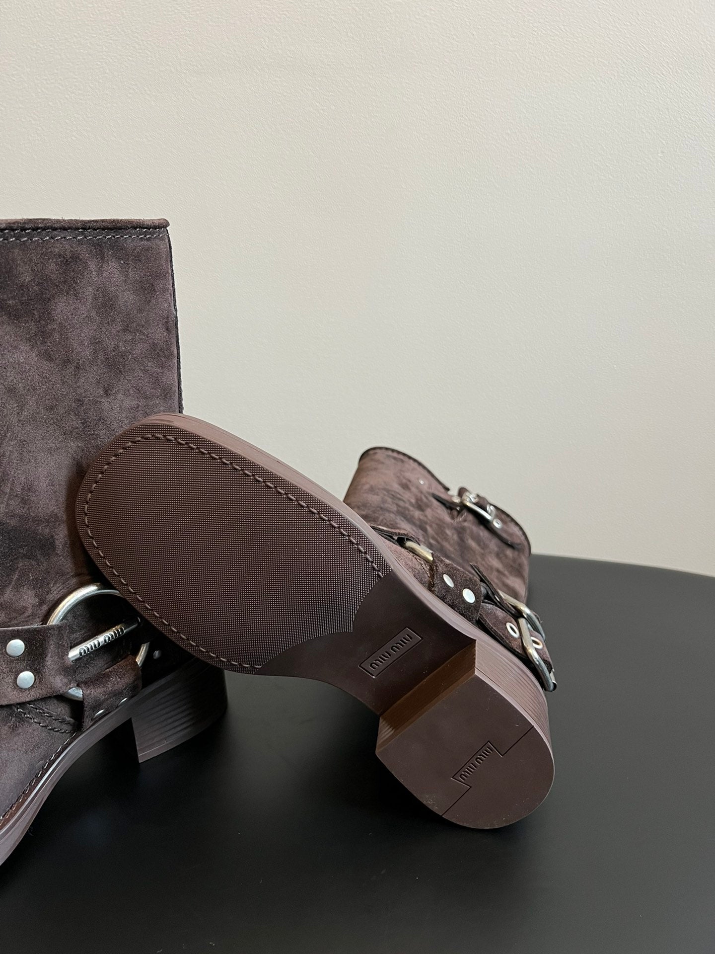 Miu 26s Mid-Calf Boots In Dark Brown Suede Silver Hardware