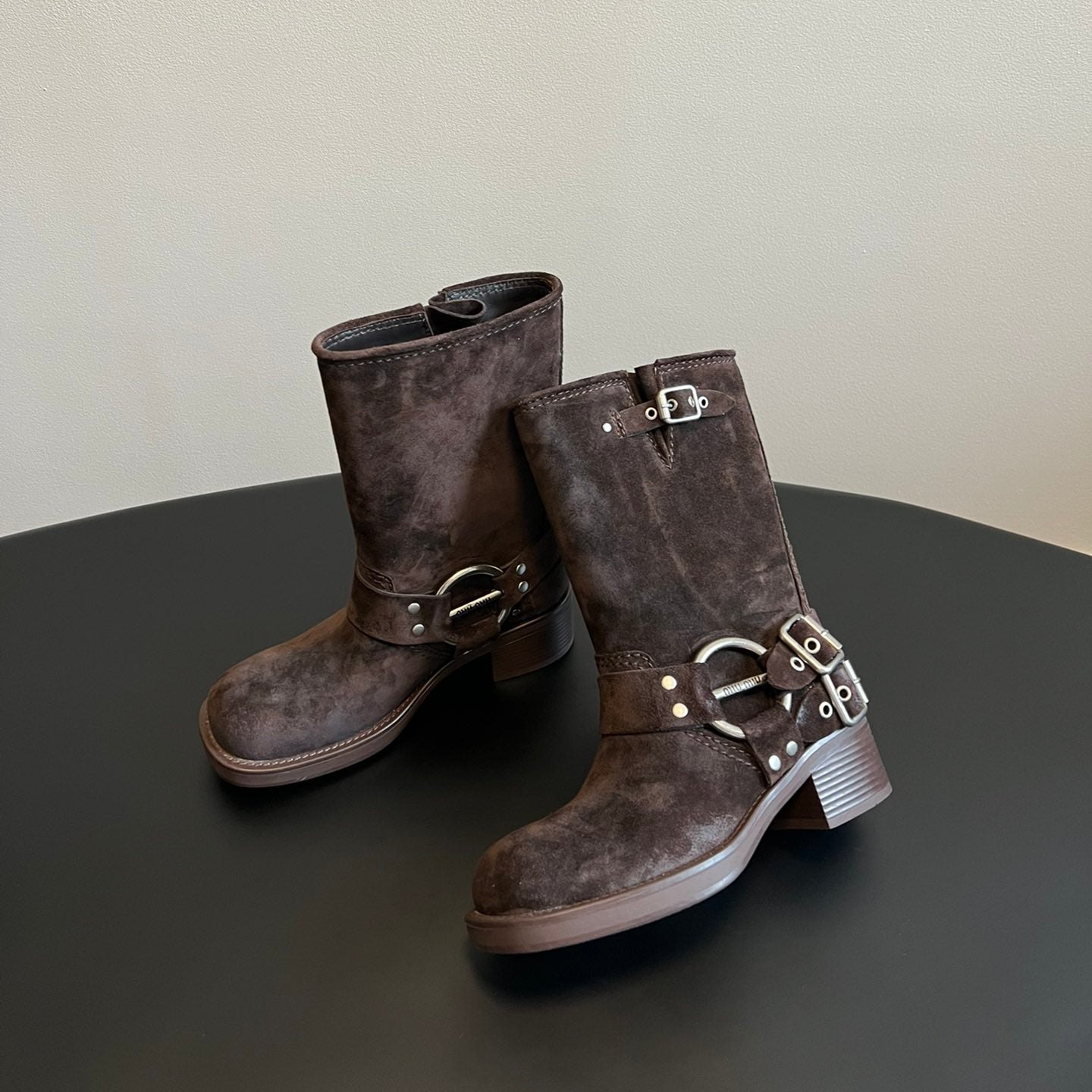 Miu 26s Mid-Calf Boots In Dark Brown Suede Silver Hardware