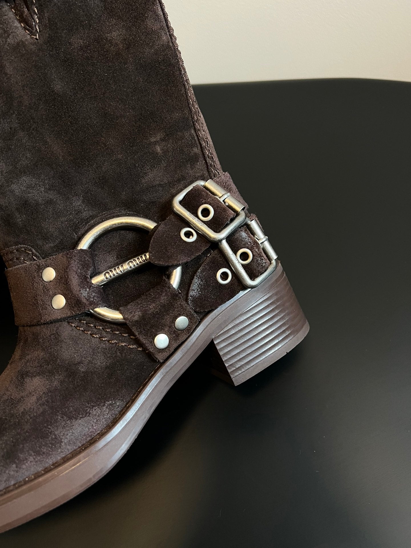 Miu 26s Mid-Calf Boots In Dark Brown Suede Silver Hardware