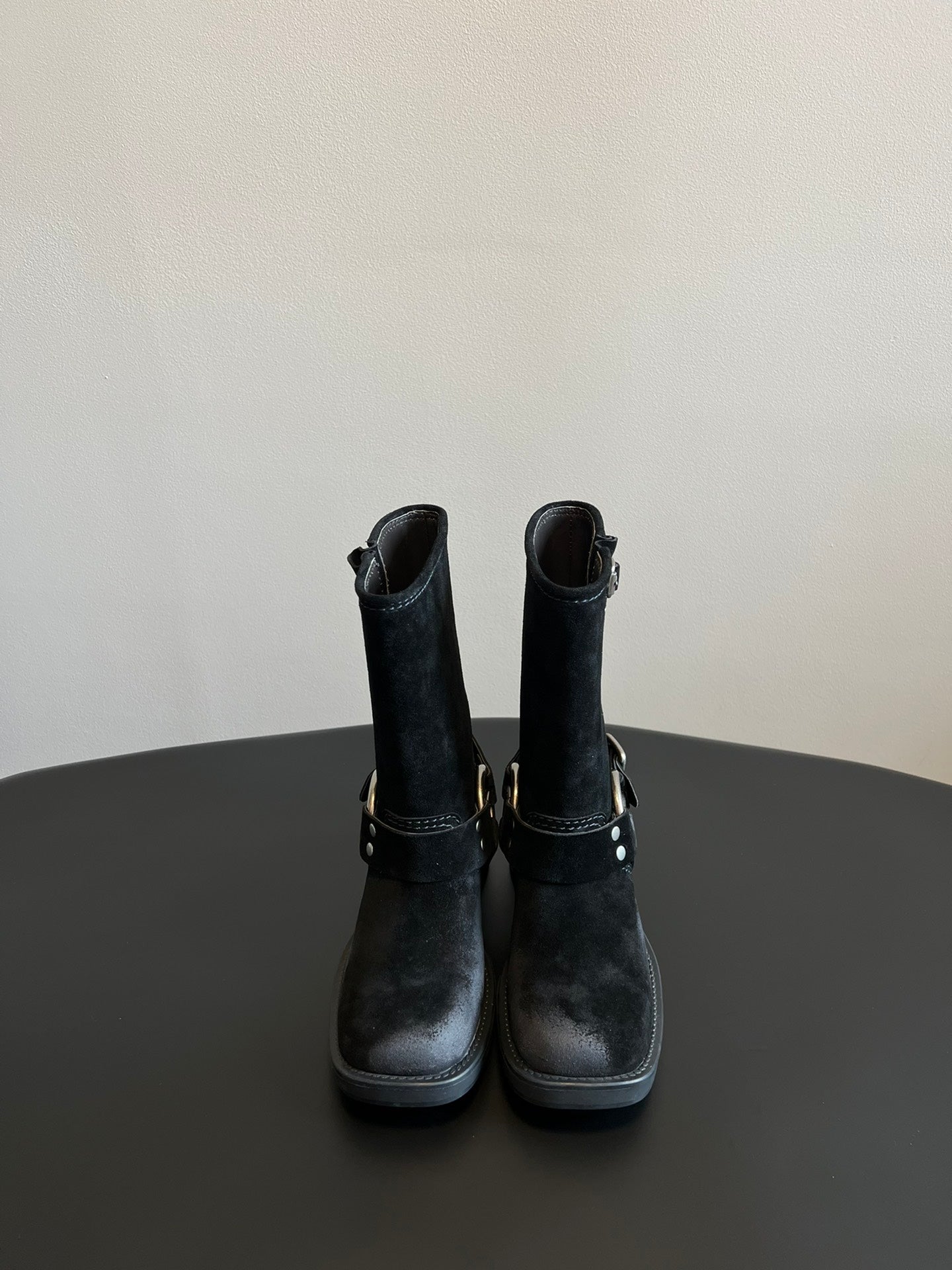 Miu 26s Mid-Calf Boots In Black Suede Silver Hardware