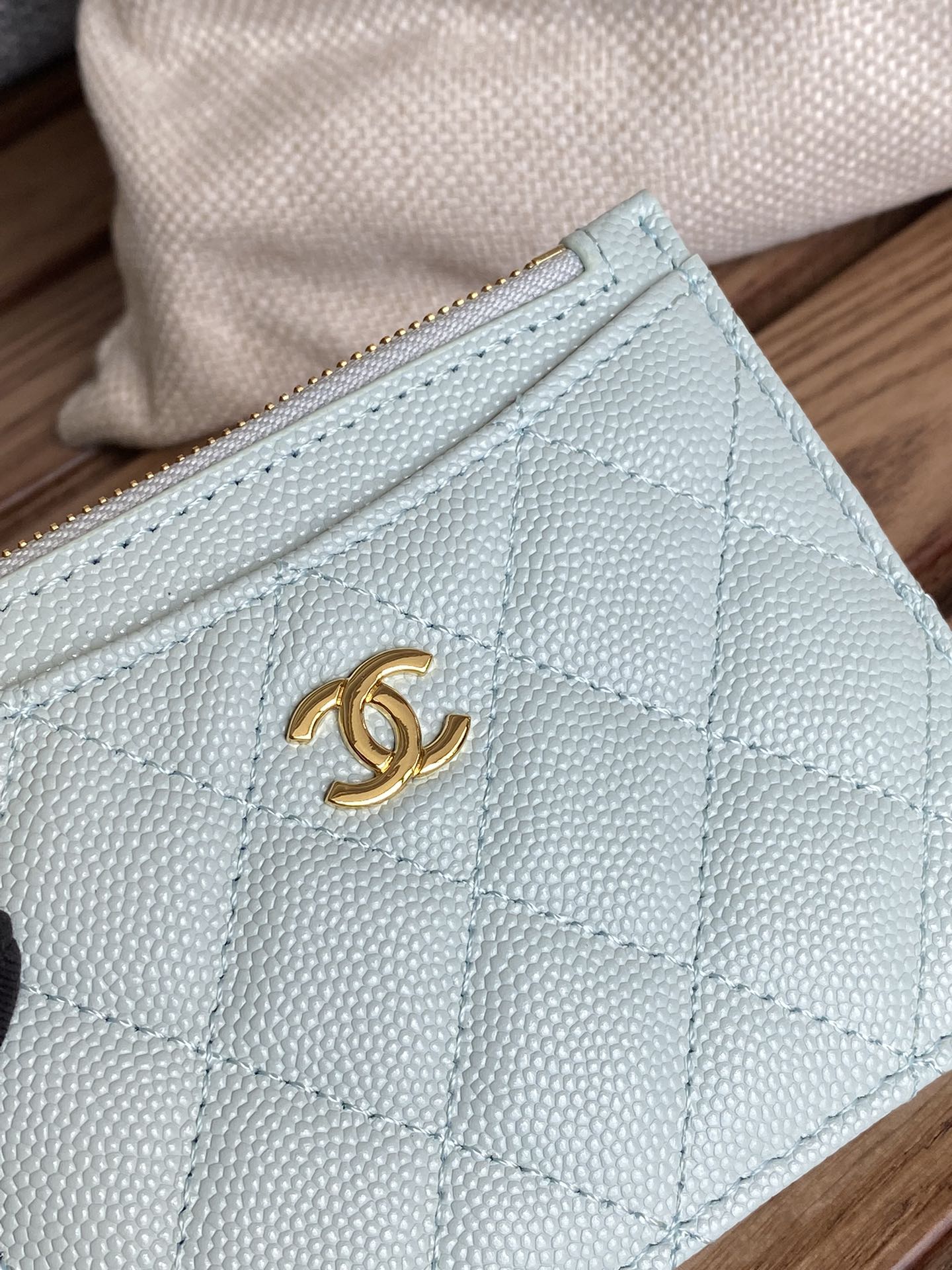 CC A84105 Coin Case Light Blue Gold Metal Caviar 240735