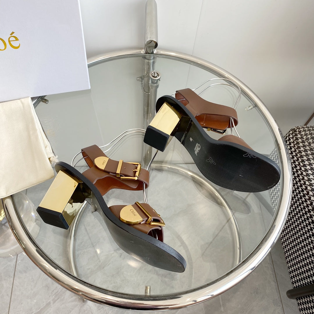 CHLOÉ REBECCA LOW HEELED SANDAL IN RUSSET BROWN LAMBSKIN GOLD HARDWARE