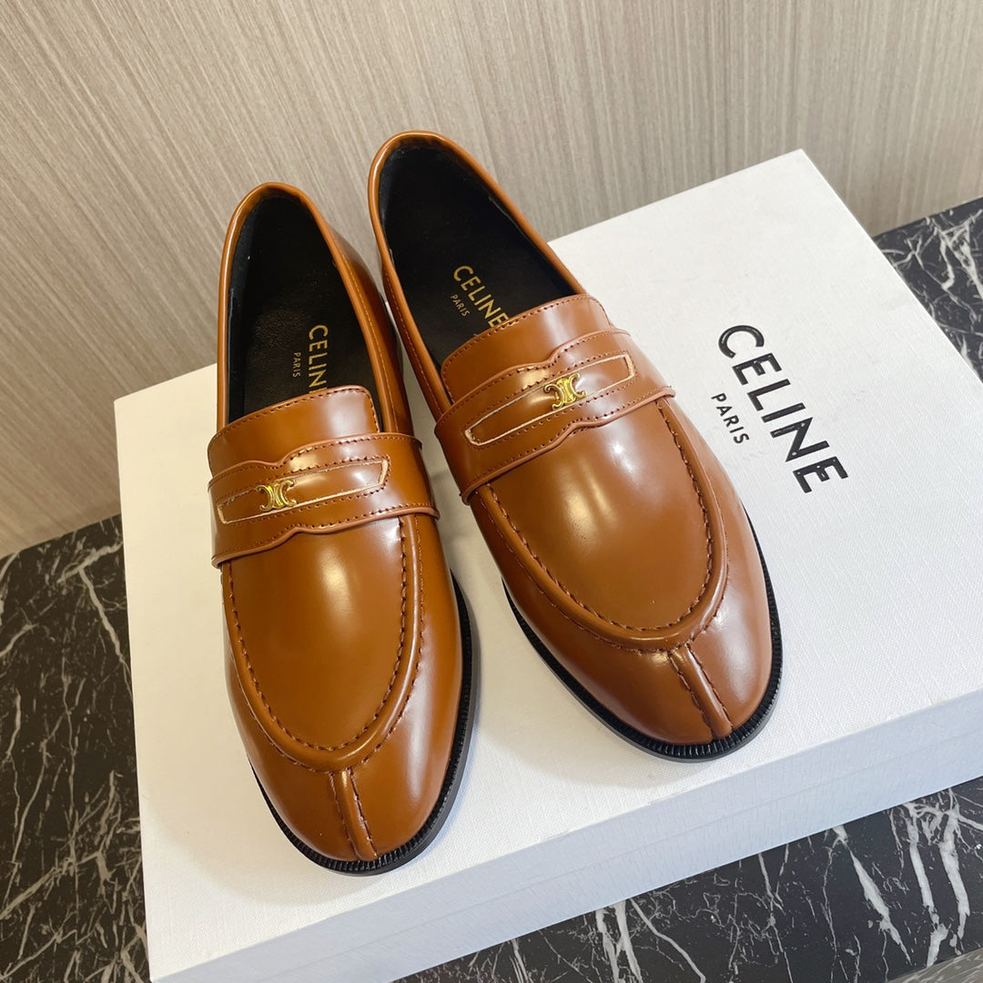Celine 26s Malaquais Loafers Tan Brown Polished Leather 944359