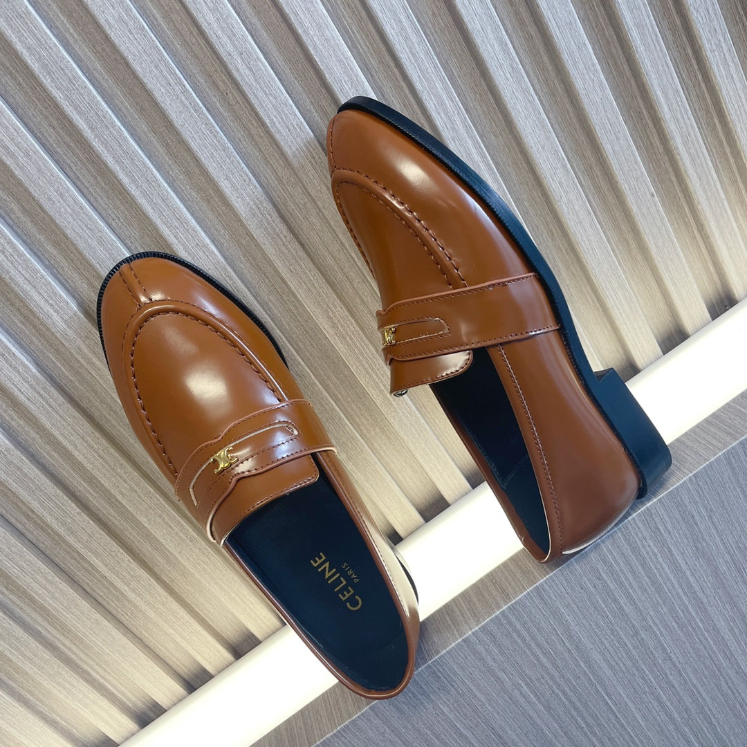 Celine 26s Malaquais Loafers Tan Brown Polished Leather 944359