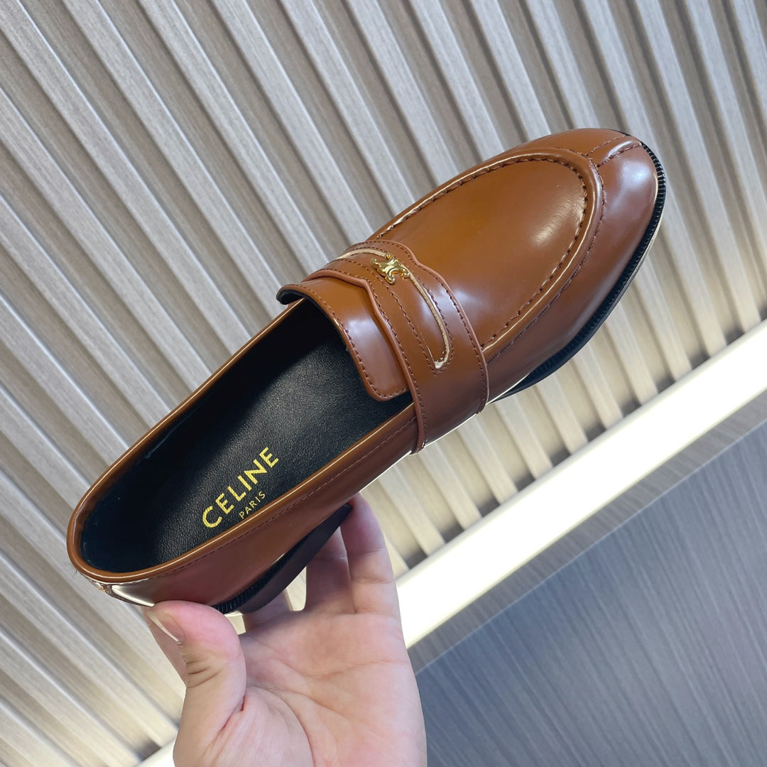 Celine 26s Malaquais Loafers Tan Brown Polished Leather 944359