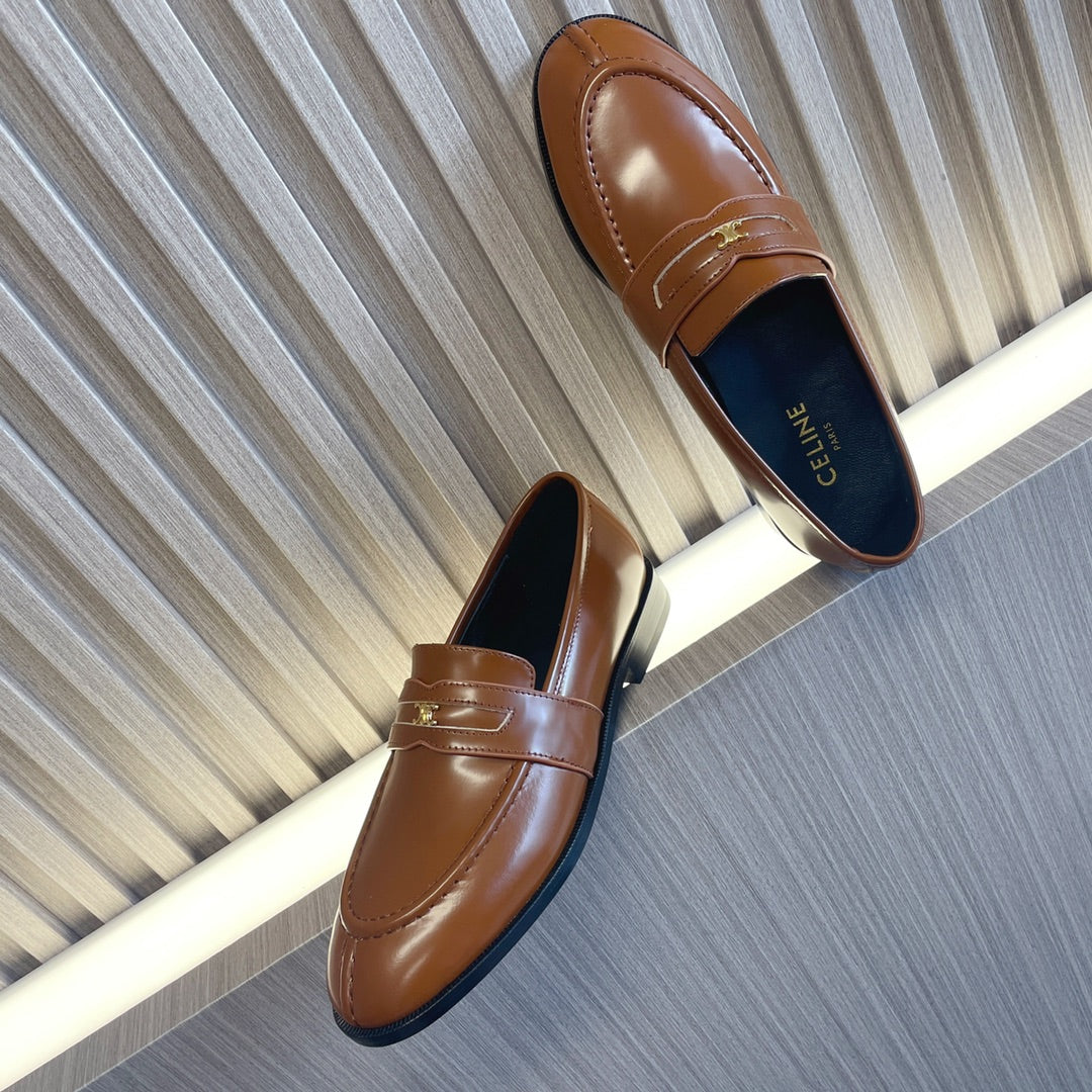 Celine 26s Malaquais Loafers Tan Brown Polished Leather 944359
