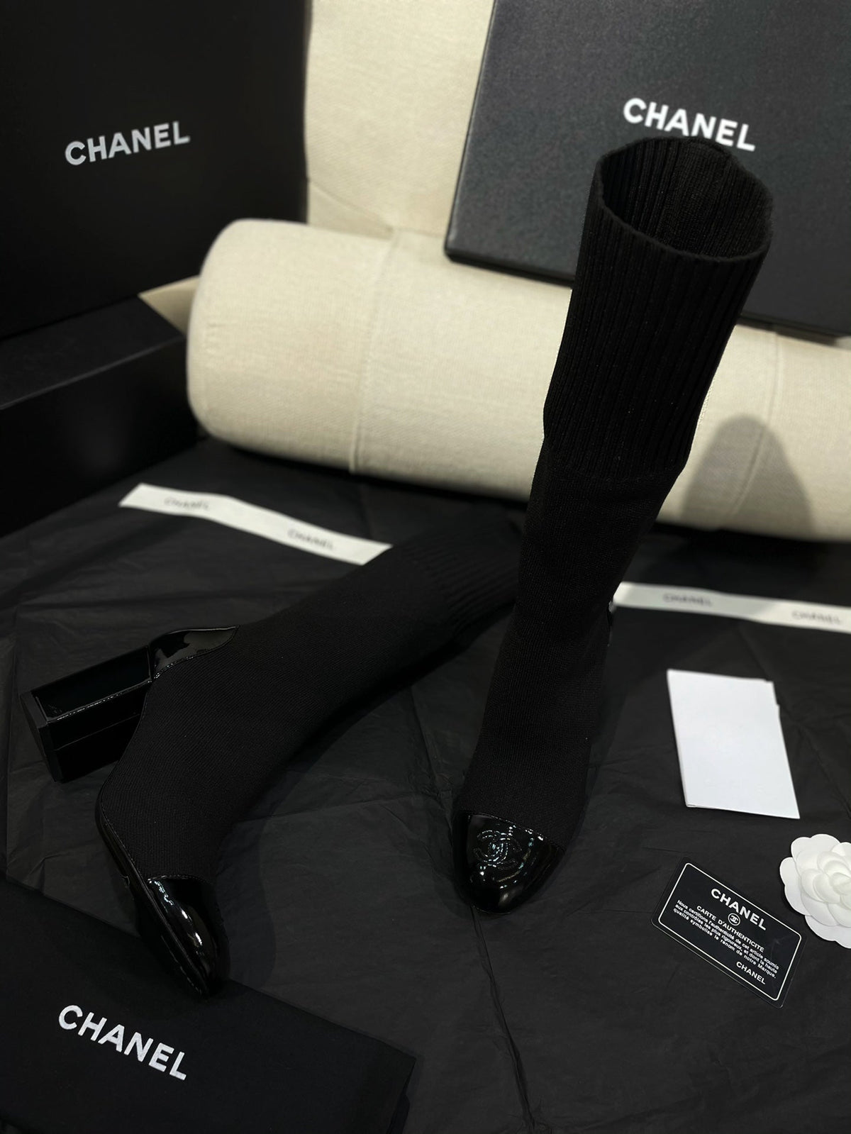 Chanel 26s Sock Boots 8.5cm Black Knit Patent Leather 156615