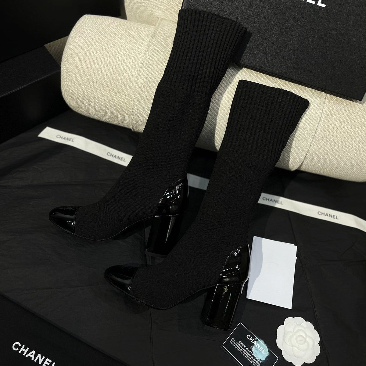 Chanel 26s Sock Boots 8.5cm Black Knit Patent Leather 156615