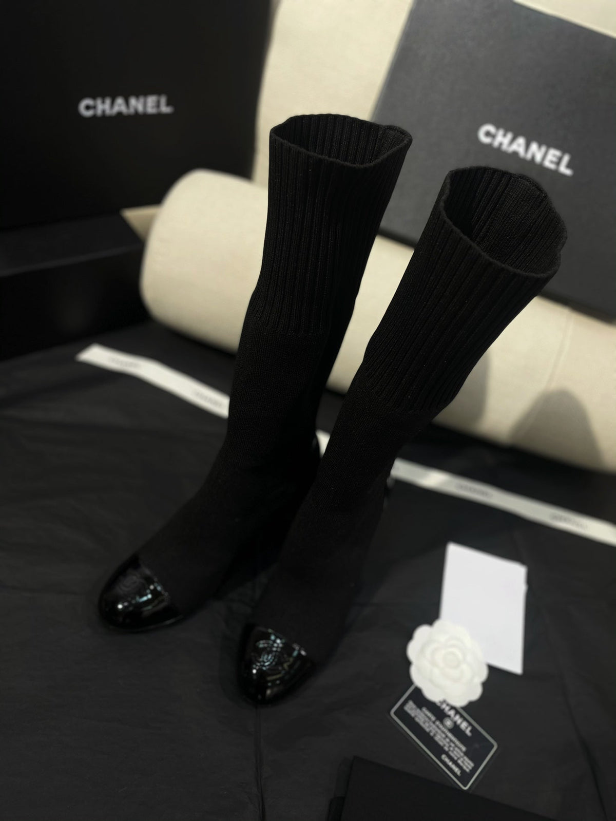 Chanel 26s Sock Boots 8.5cm Black Knit Patent Leather 156615