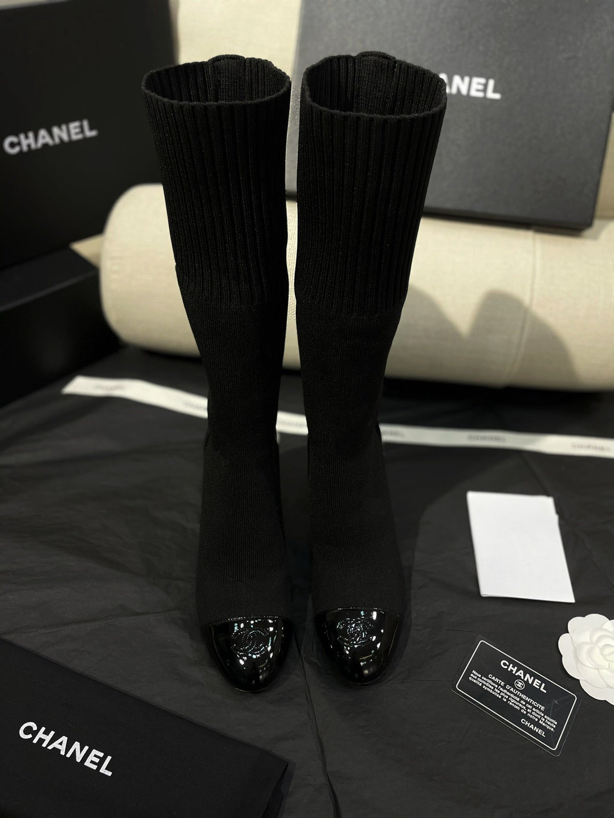 Chanel 26s Sock Boots 8.5cm Black Knit Patent Leather 156615