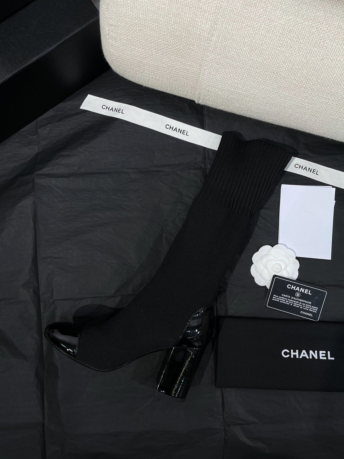 Chanel 26s Sock Boots 8.5cm Black Knit Patent Leather 156615