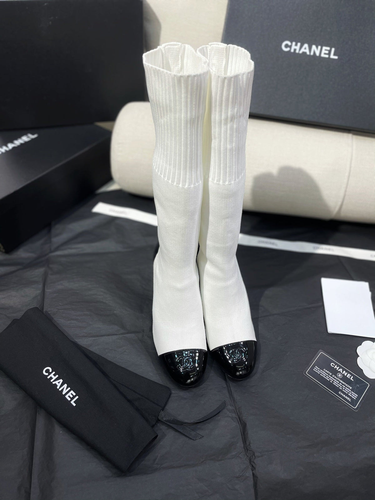 Chanel 26s Sock Boots 8.5cm White Black Knit Patent Leather 156616