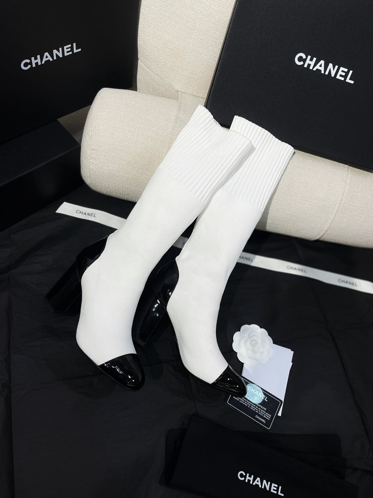 Chanel 26s Sock Boots 8.5cm White Black Knit Patent Leather 156616