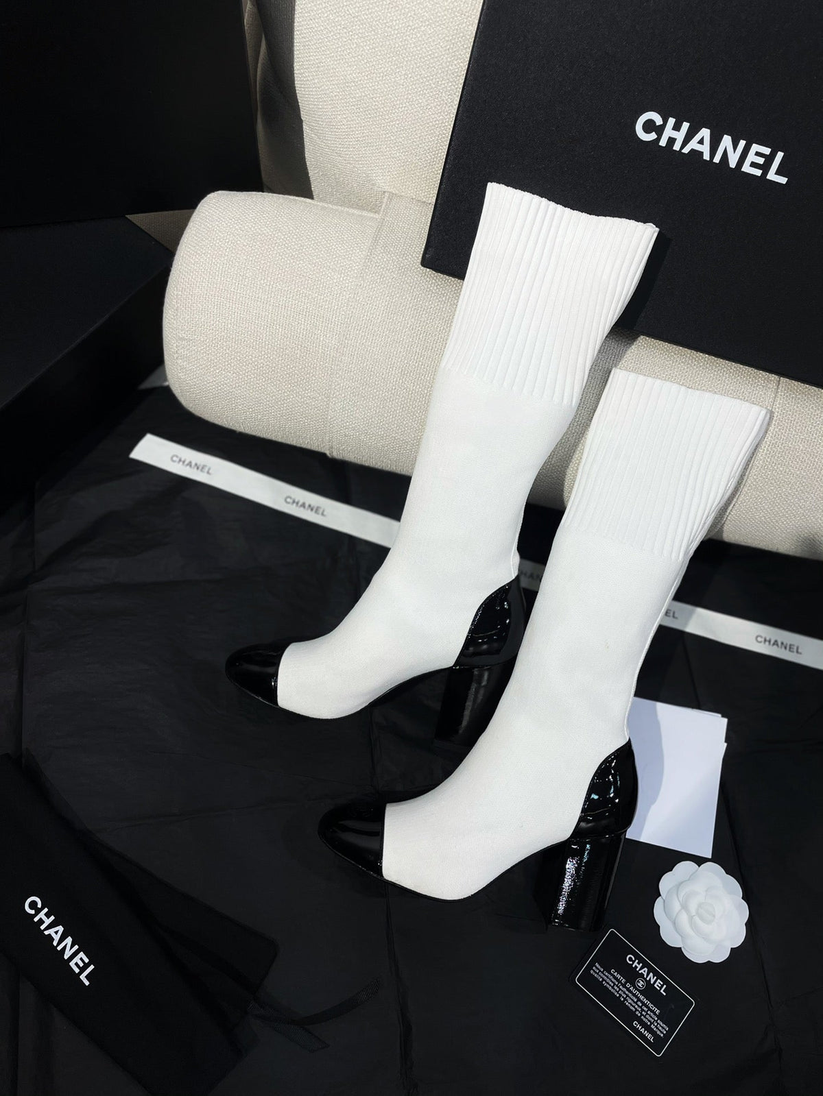 Chanel 26s Sock Boots 8.5cm White Black Knit Patent Leather 156616