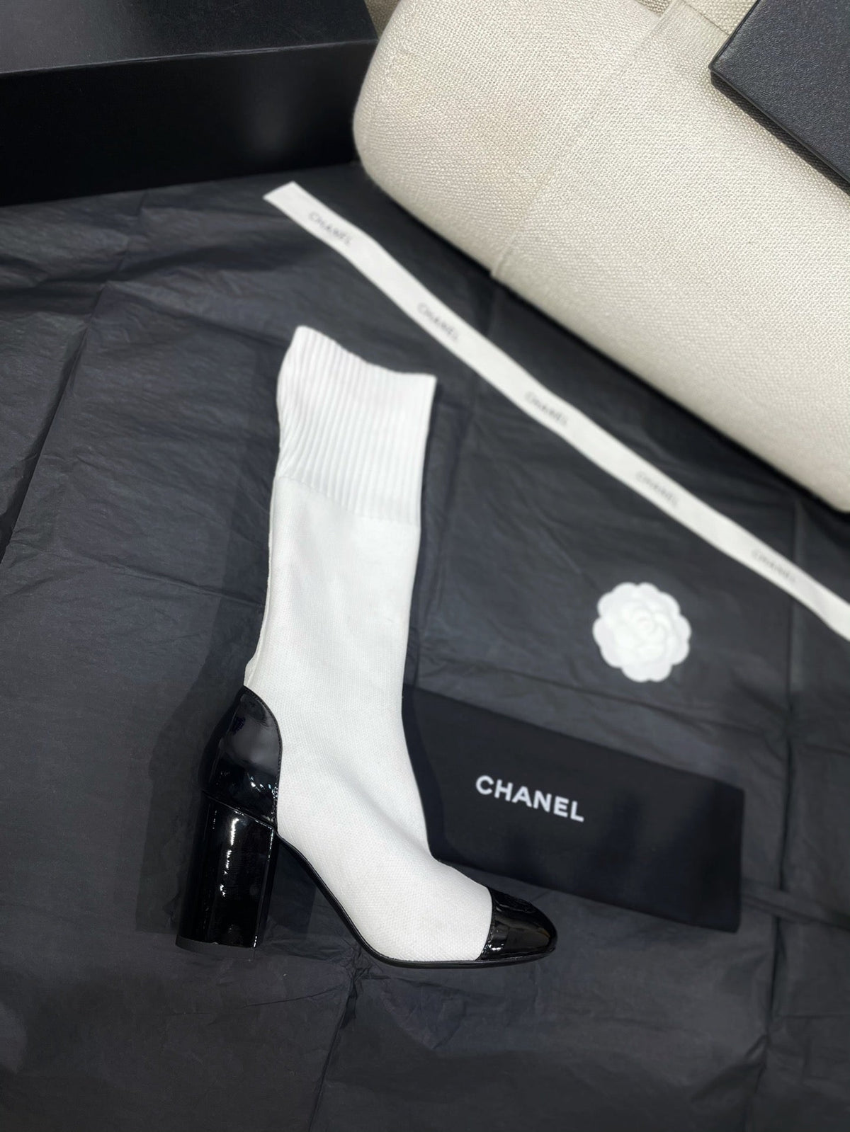 Chanel 26s Sock Boots 8.5cm White Black Knit Patent Leather 156616