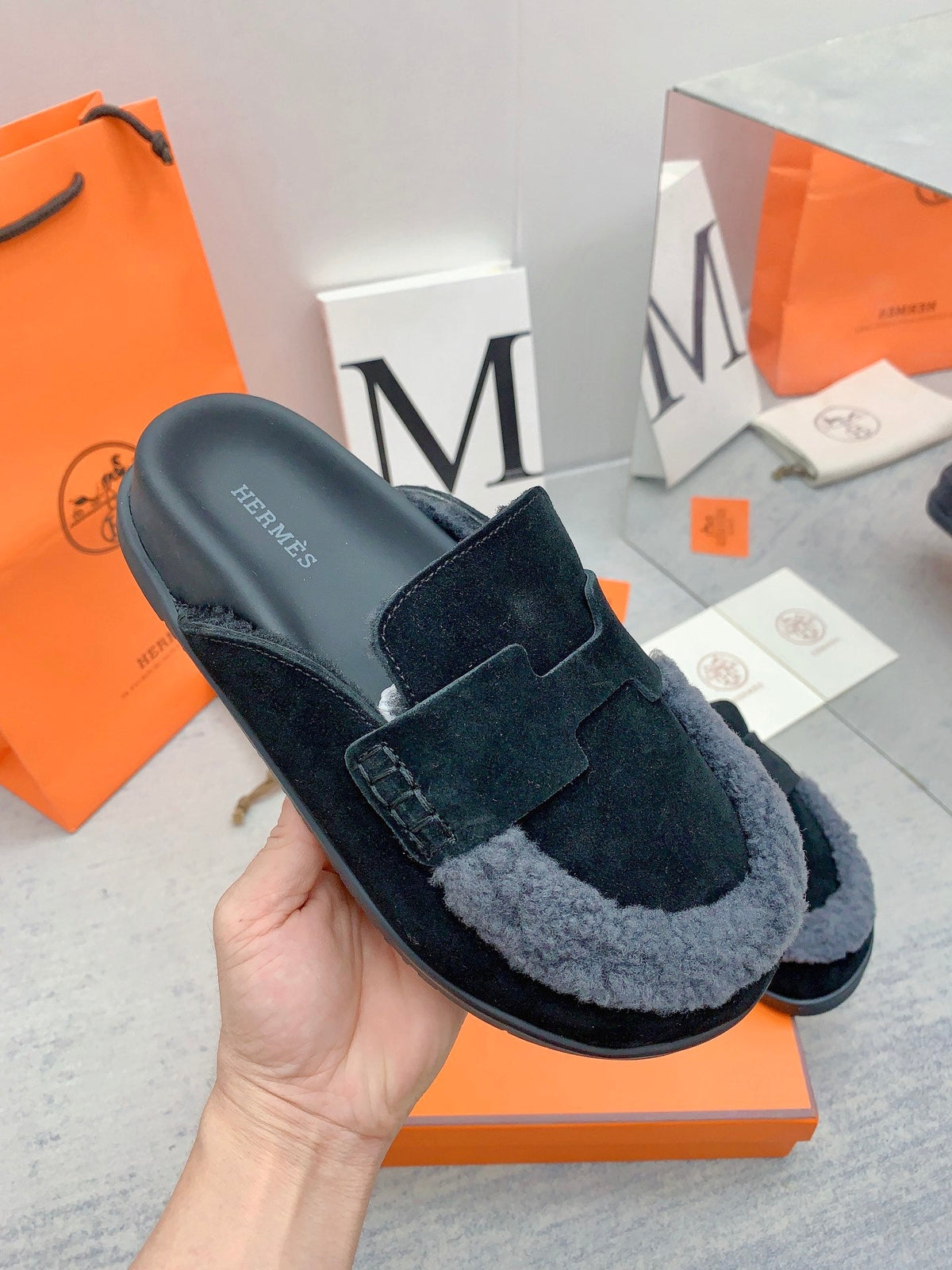 HM 26s Go Mules Black Suede Grey Shearling 160887