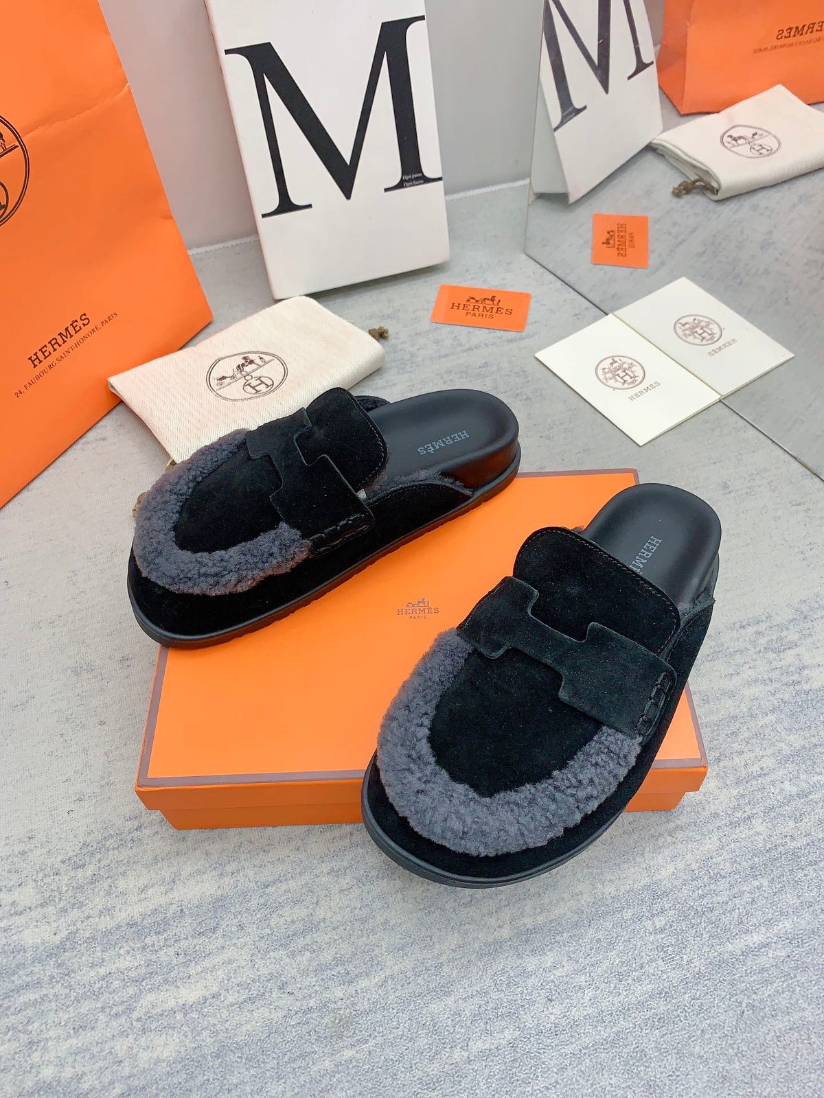 HM 26s Go Mules Black Suede Grey Shearling 160887