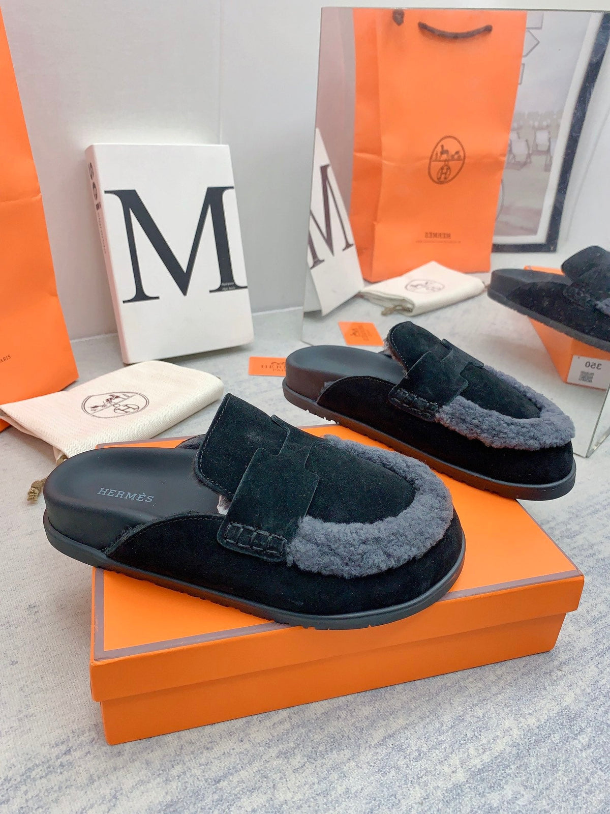 HM 26s Go Mules Black Suede Grey Shearling 160887
