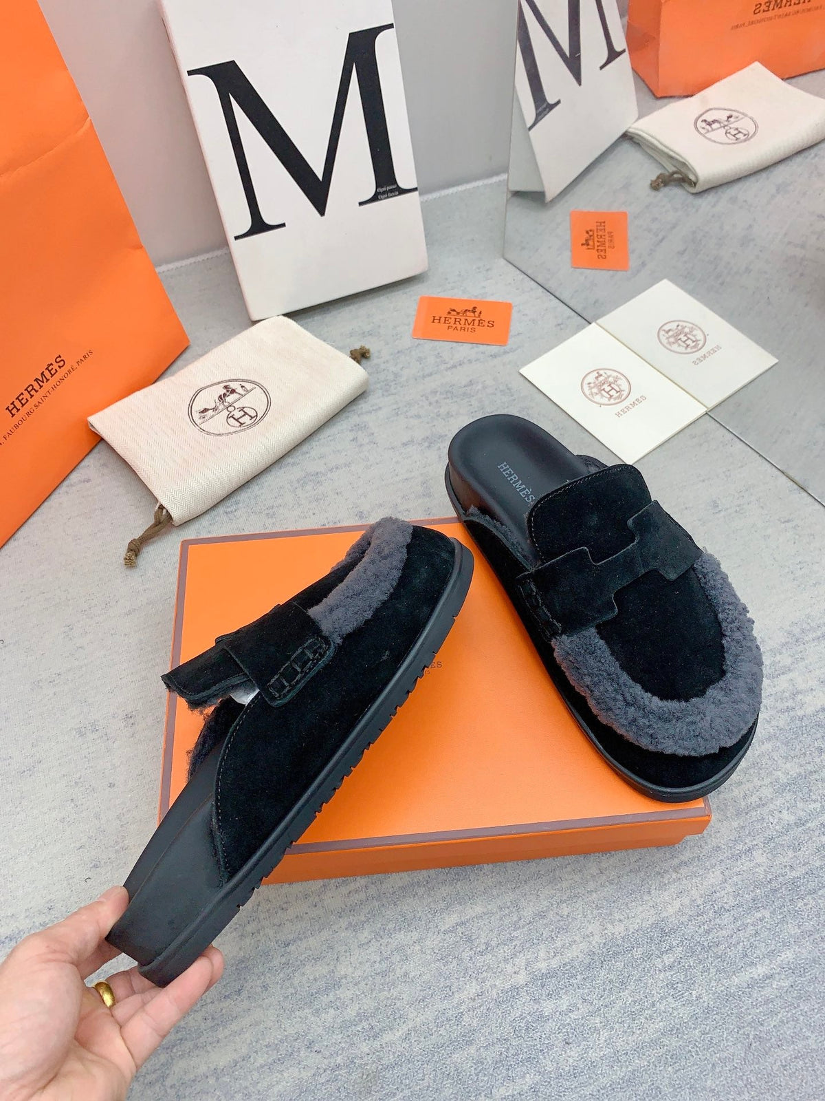 HM 26s Go Mules Black Suede Grey Shearling 160887