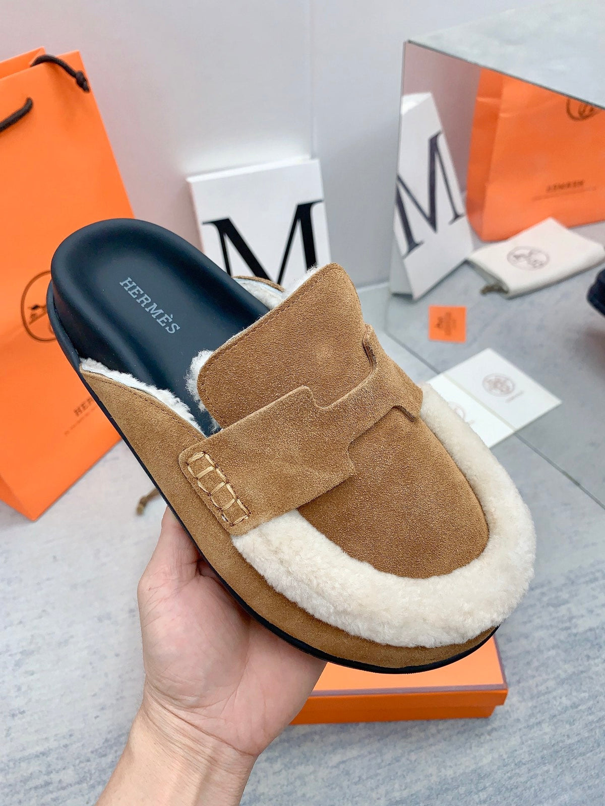 HM 26s Go Mules Tan Suede Shearling 160888