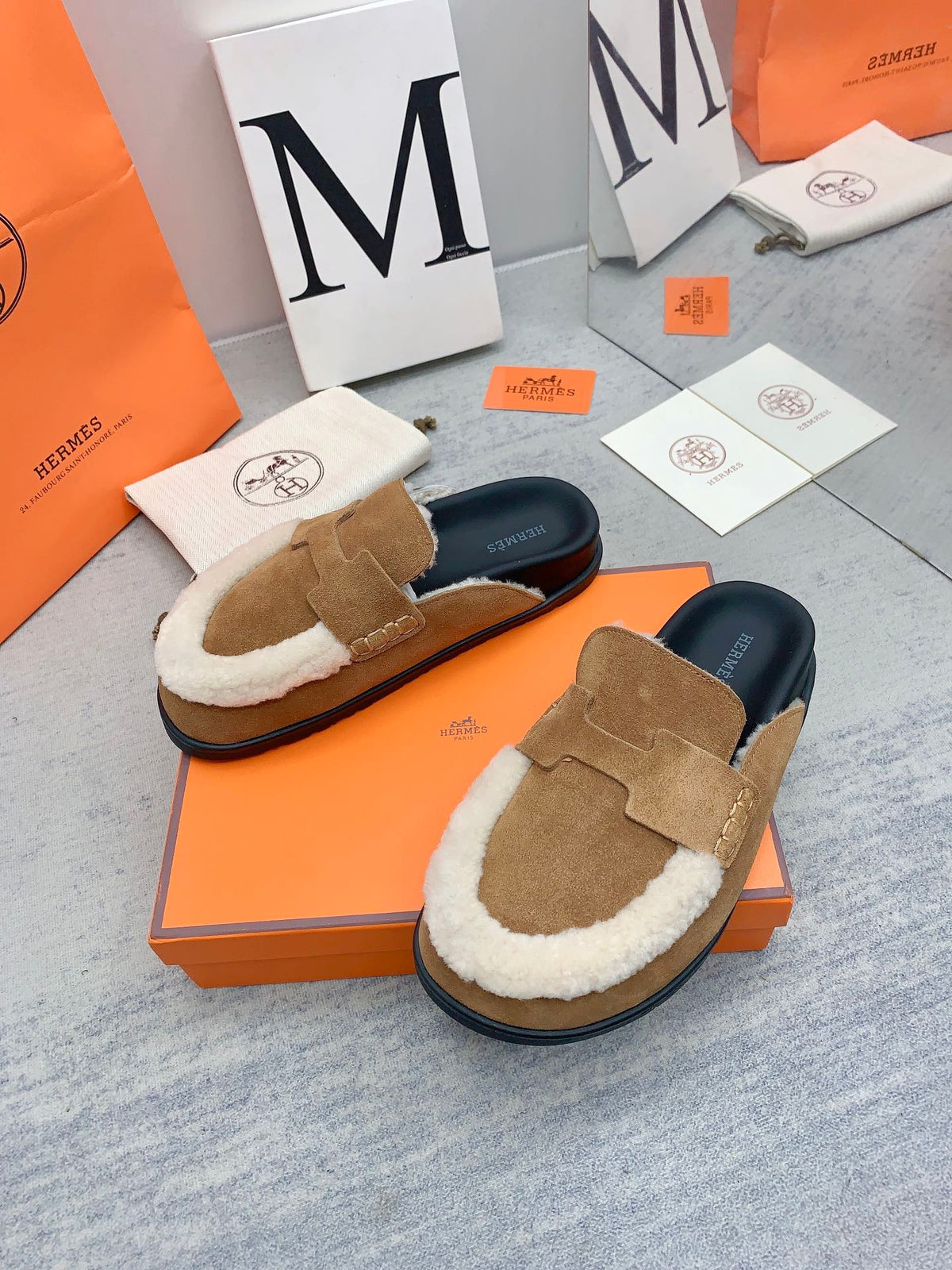 HM 26s Go Mules Tan Suede Shearling 160888