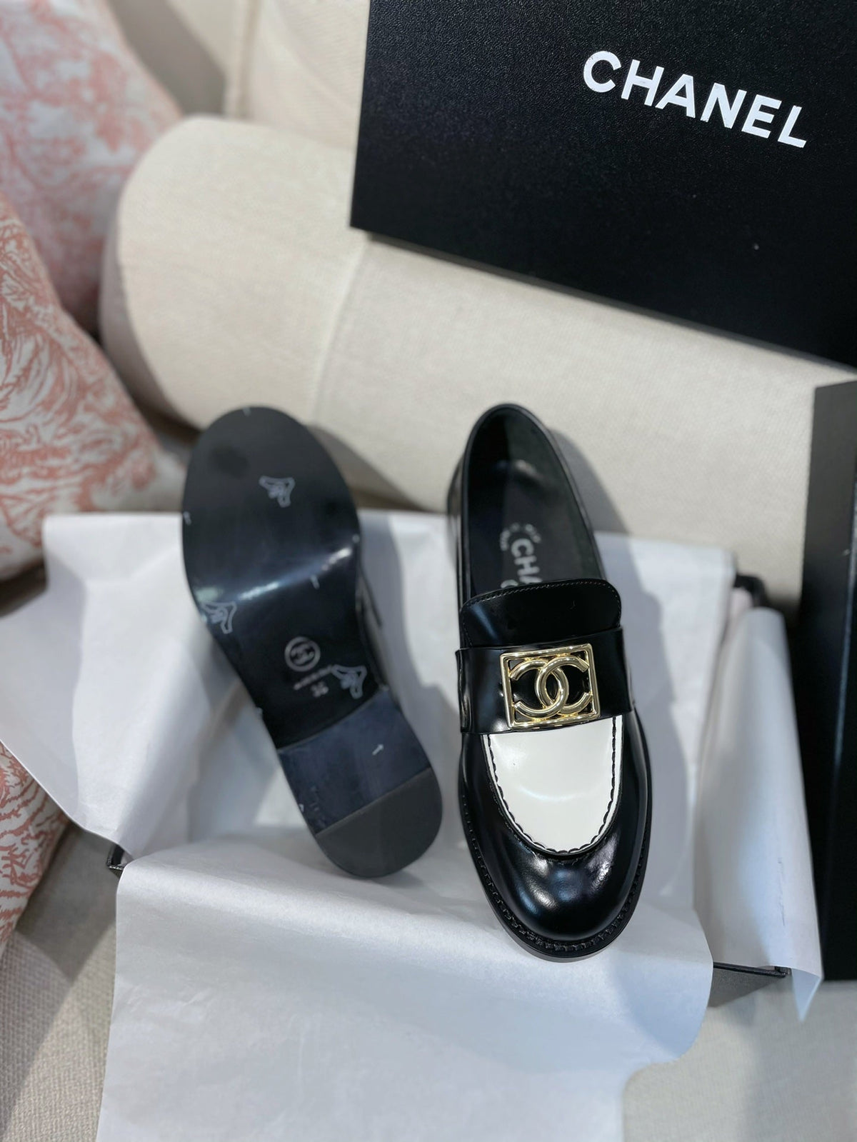 Chanel 26s Loafers Black White Smooth Leather 156352