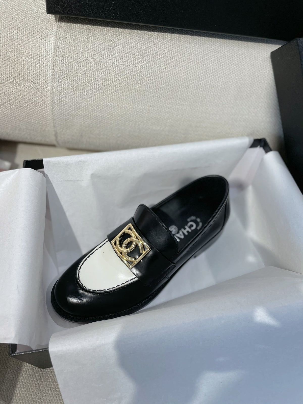 Chanel 26s Loafers Black White Smooth Leather 156352