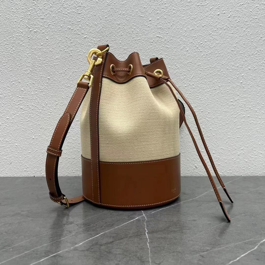 Small Drawstring Cabas Marin Bag Beige Brown Calfskin Textile