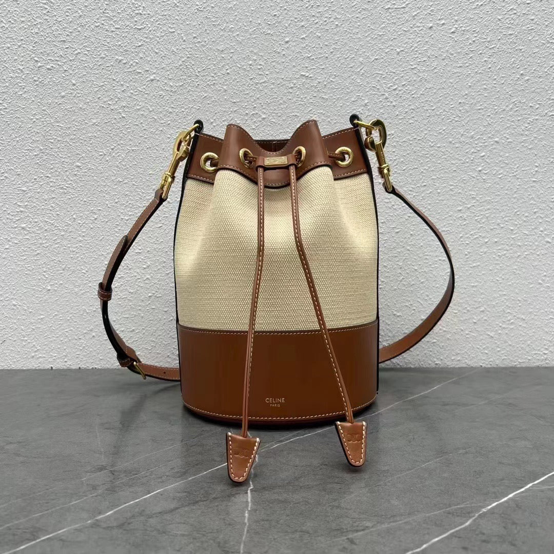 Small Drawstring Cabas Marin Bag Beige Brown Calfskin Textile